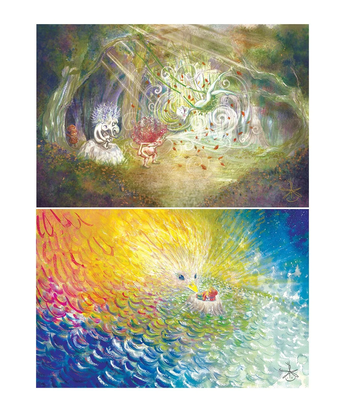 Colorful fantasy illustrations, top shows a forest scene with whimsical characters and magical elements, bottom depicts a bright scene with a duck and a small creature surrounded by vibrant, swirling colors.