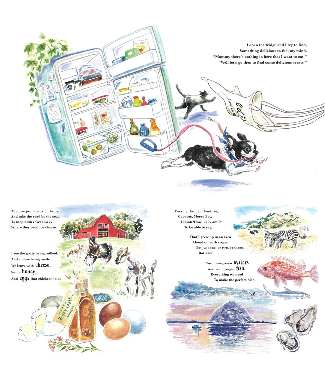 A colorful illustrated scene of a refrigerator with food and condiments inside, with two playful puppies and a cat in front. Below, farm scenes depict goats, a barn, eggs, cheese, honey, and a chicken, alongside scenic ocean views with fish, oysters, and a boat at sunset.
