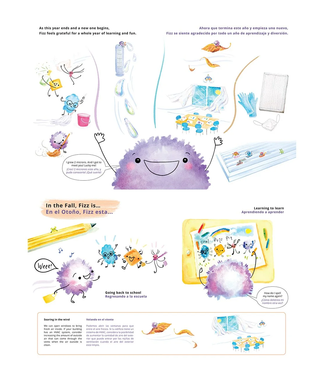 Children's educational illustration depicting a happy fuzzy character named Fizz celebrating a successful school year with dancing, words, and drawings, showing indoor learning activities and outdoor wind-related scenes.