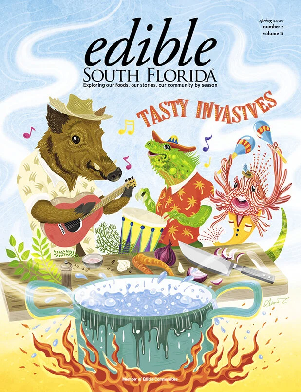 An illustration of a boar, iguana, and lion fish playing music in front of a boiling pot