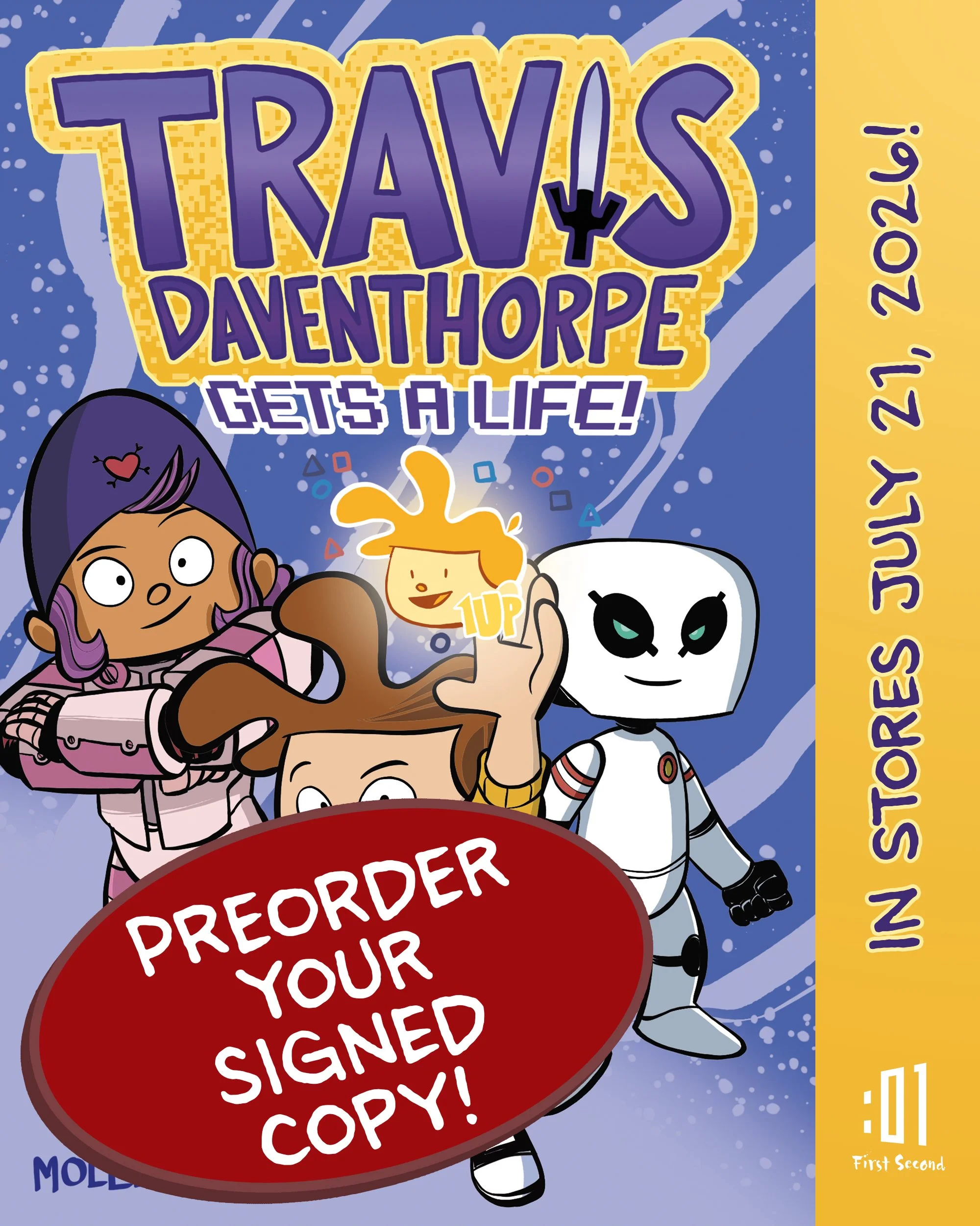 Cover of a comic book titled "Travís Daventhorpe Gets a Life!" with cartoon characters, including a girl with purple hair, a boy with light brown hair, and a white robot set against a blue background.