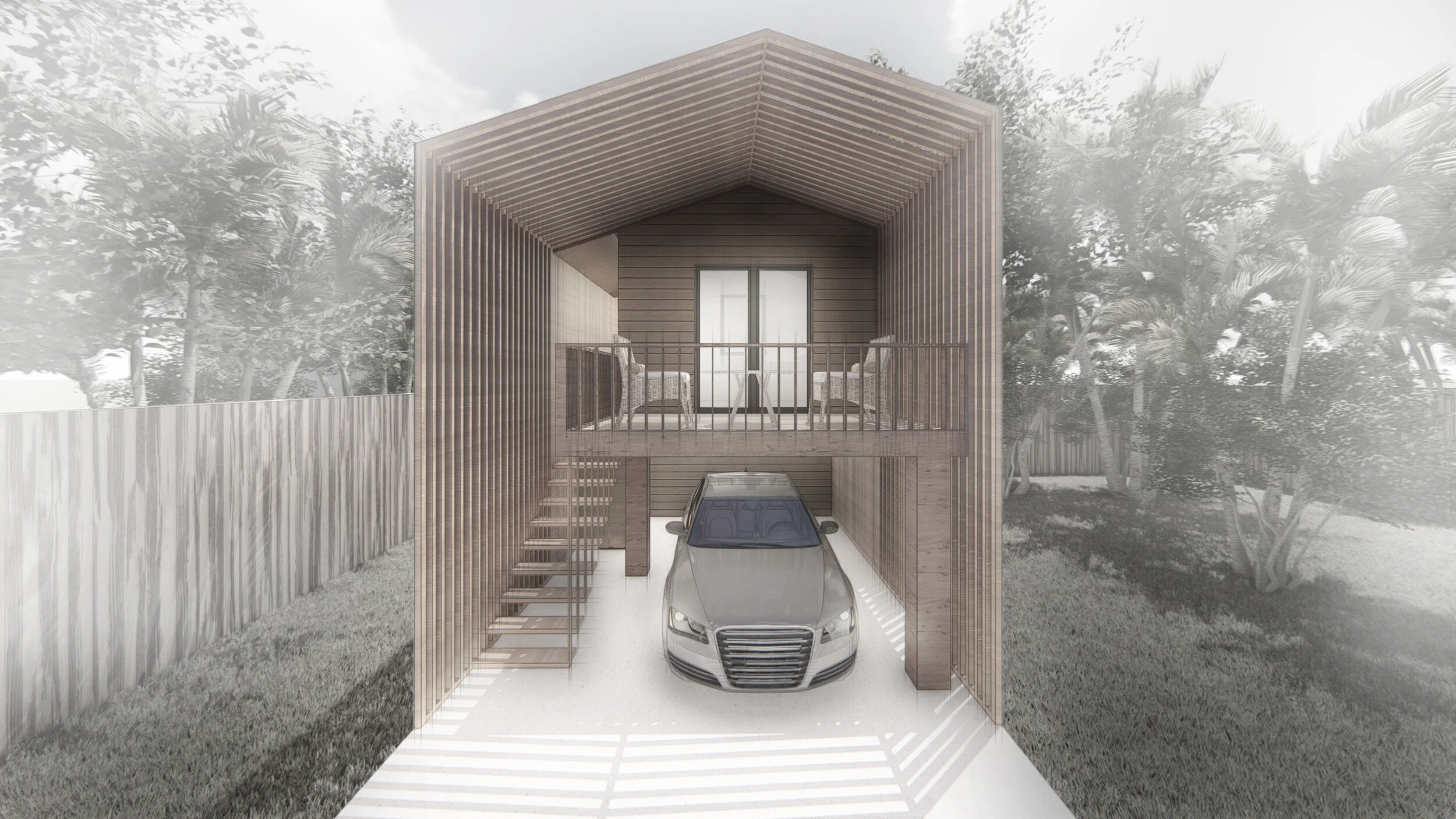 Carport, tool shed, satellite office, and guest lodging.