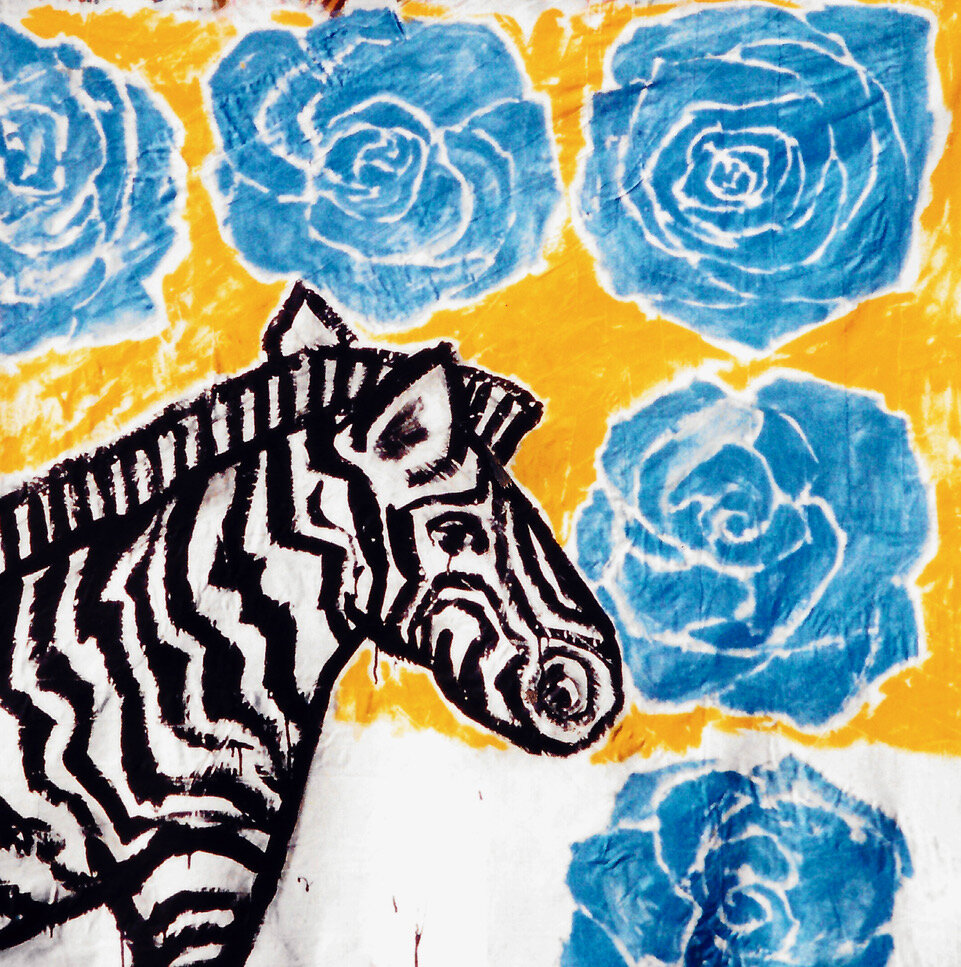 “Zèbre aux roses bleues”, 1999, technique mixte / toiles cousues, 120 x 120 cm