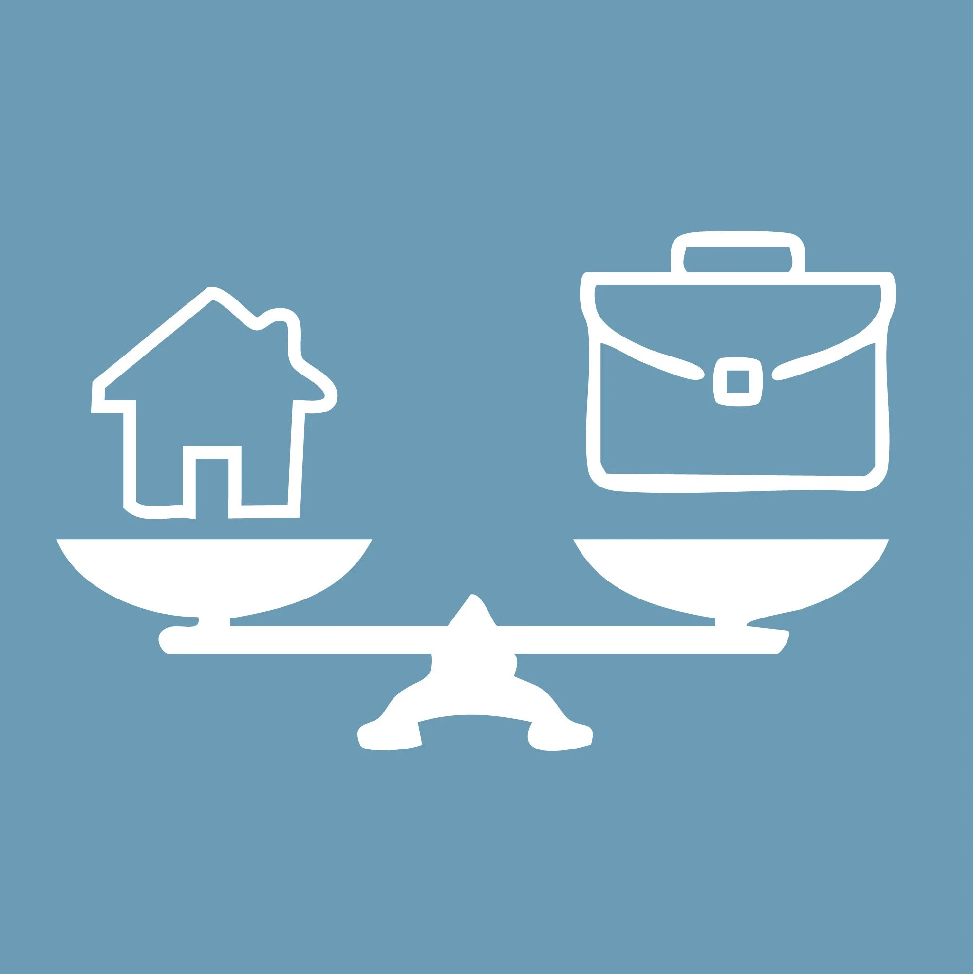 A blue icon with a white scale balancing a house on the left and a briefcase on the right.