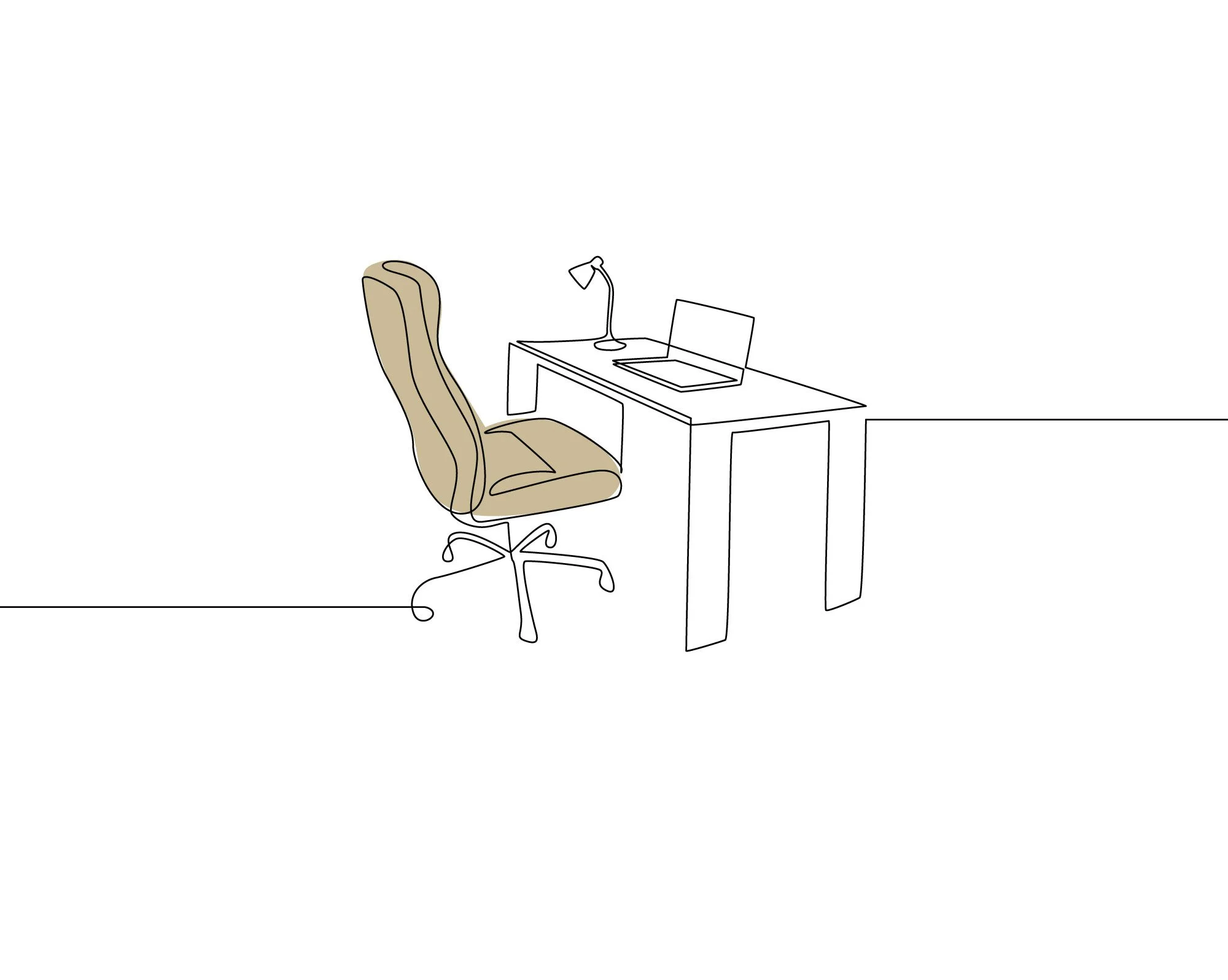 Outline drawing of a beige office chair and a desk with a lamp, open laptop, and a document on it.