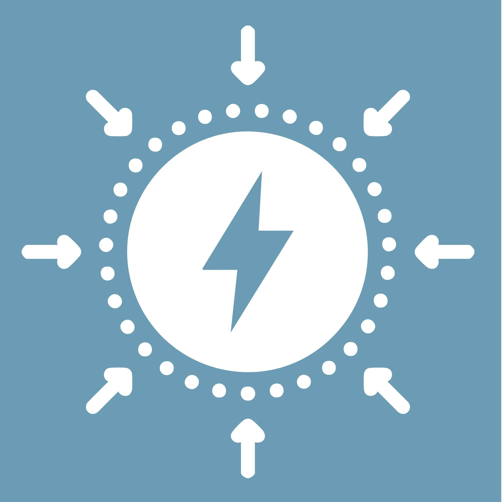 Graphic depicting energy efficiency with a lightning bolt symbol in the center, surrounded by arrows pointing outward indicating energy or power distribution.