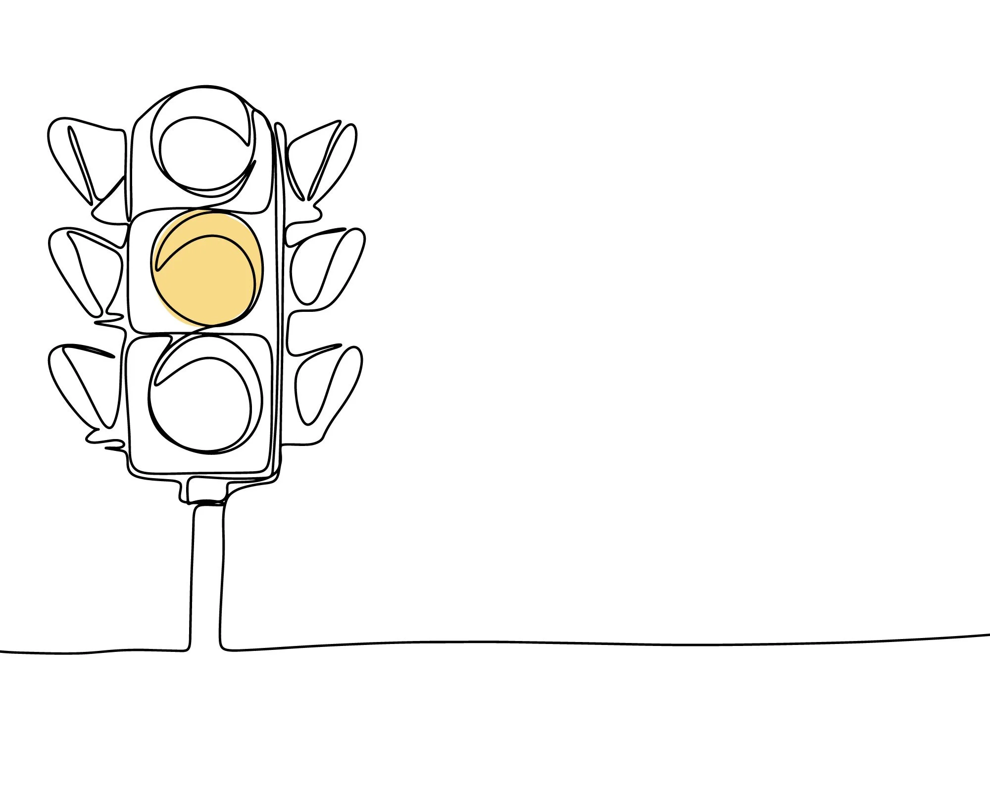 Line drawing of a traffic light at an intersection with a single post, with two yellow lights illuminated.