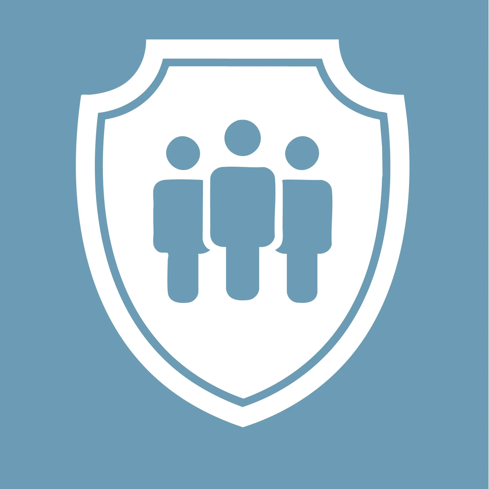 Icon of three people inside a shield, symbolizing protection or security of individuals.