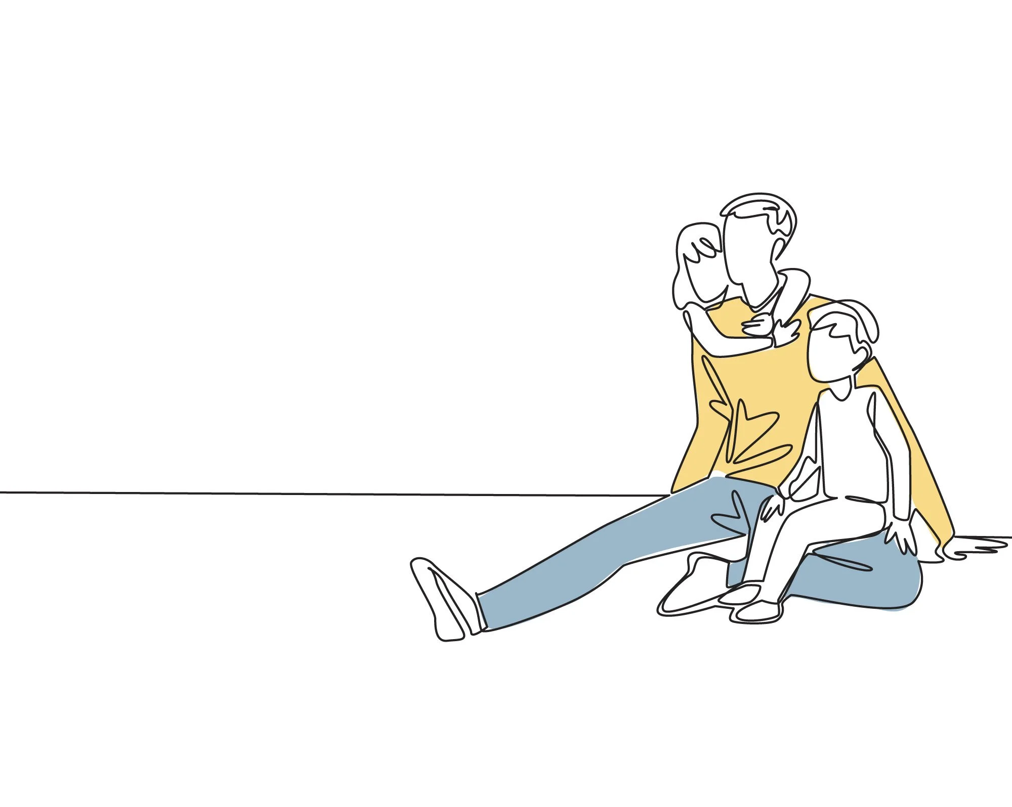 Line drawing of three people sitting on the floor, with one giving a piggyback ride to another and a third sitting close by.