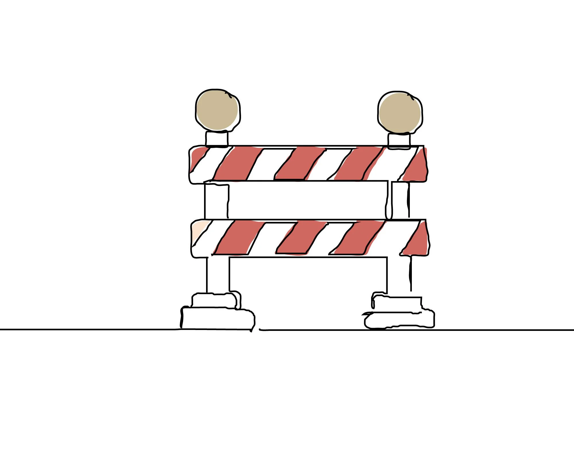 A hand-drawn illustration of a roadblock with two striped barricades, two beige caution lights on top, and a white empty sign in the middle, placed on a flat surface.