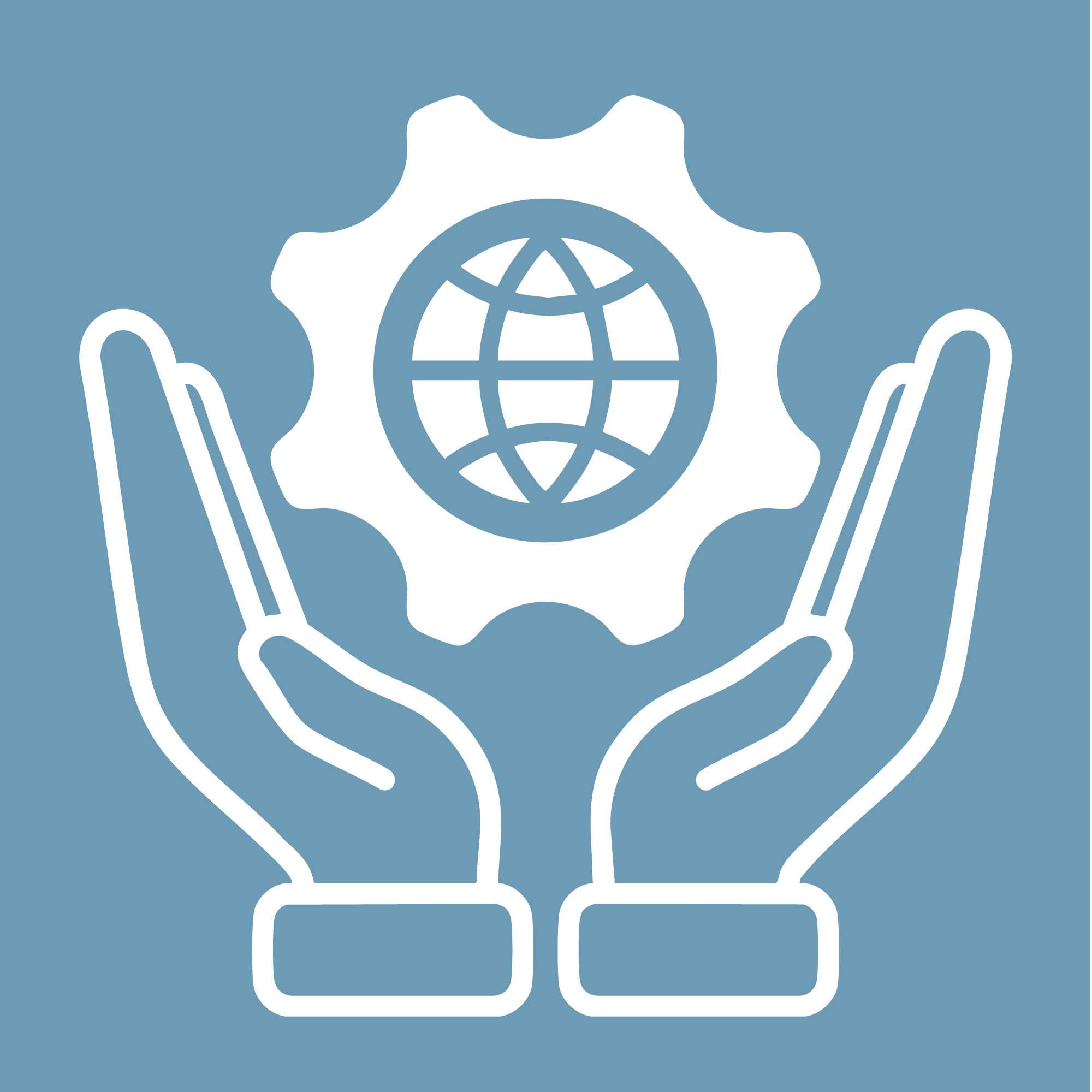 Icon of two hands holding a gear with a globe inside it, representing global support or international technology.