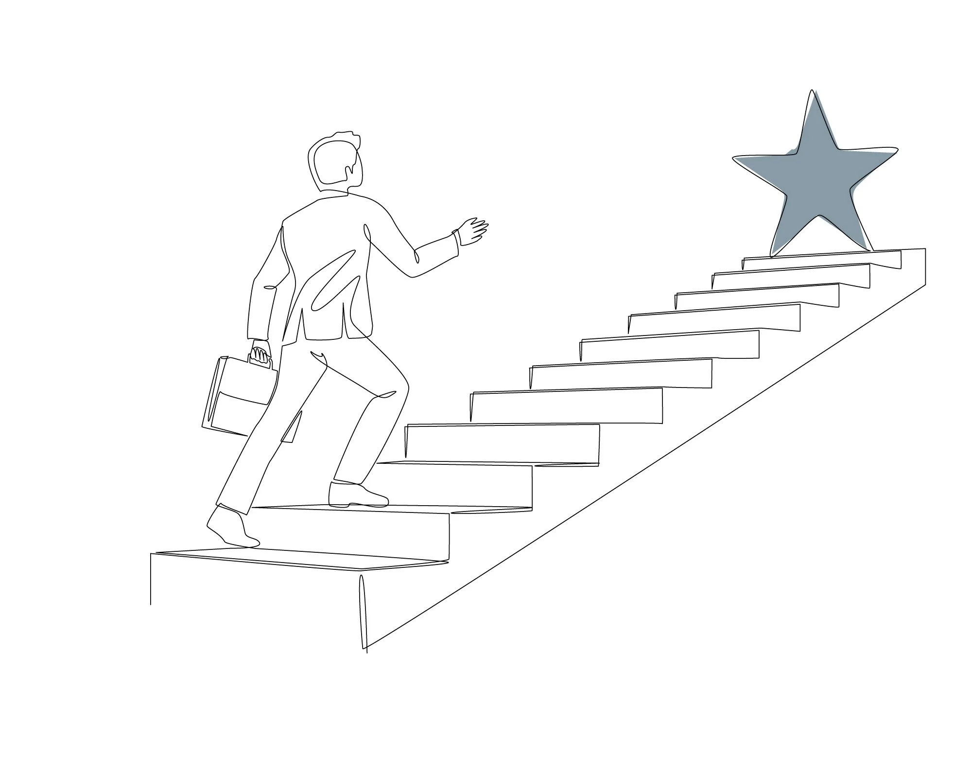 A line drawing of a man in business attire climbing stairs towards a large star at the top.