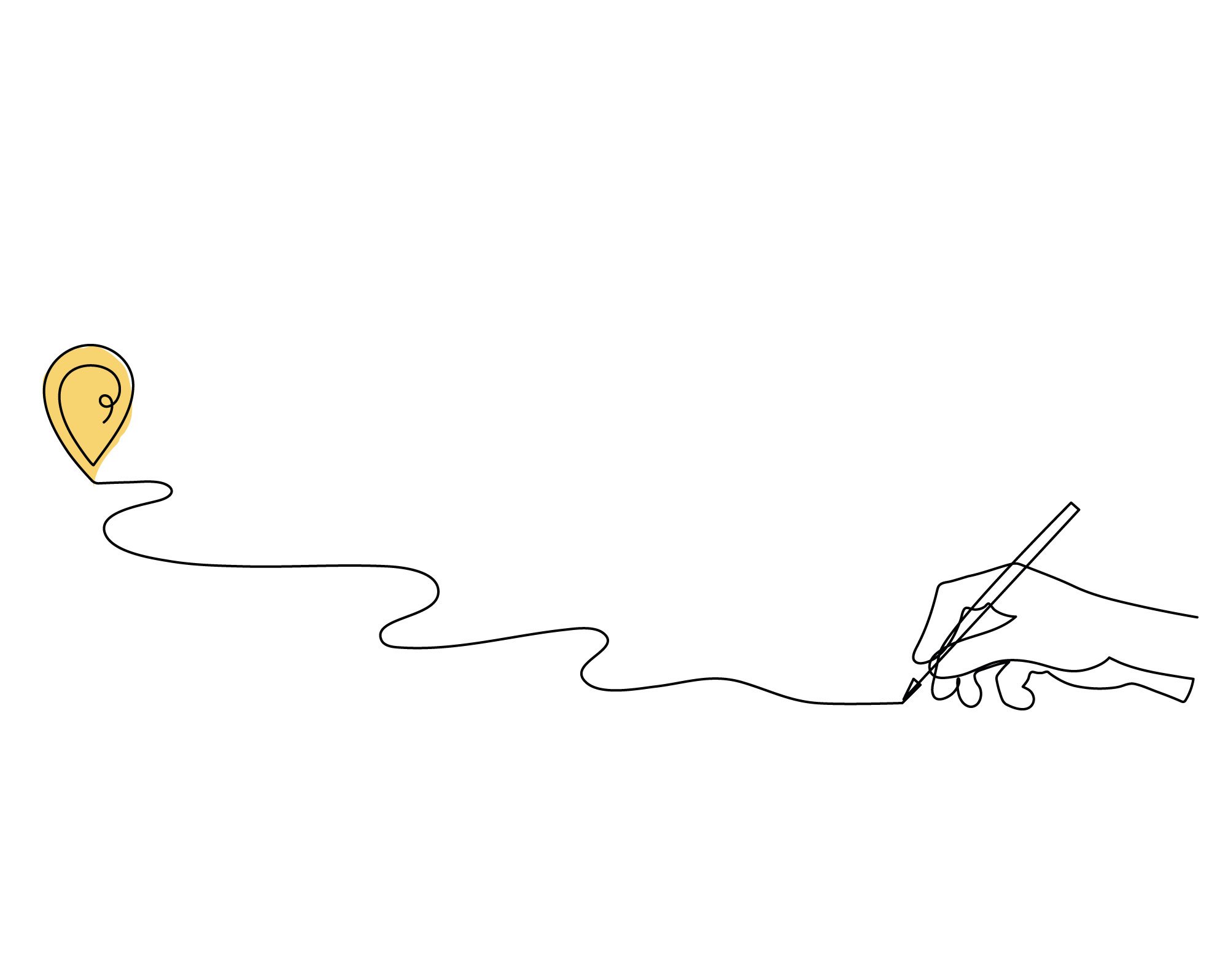 Line drawing of a hand writing with a pen connected to a wavy line ending at a yellow location marker