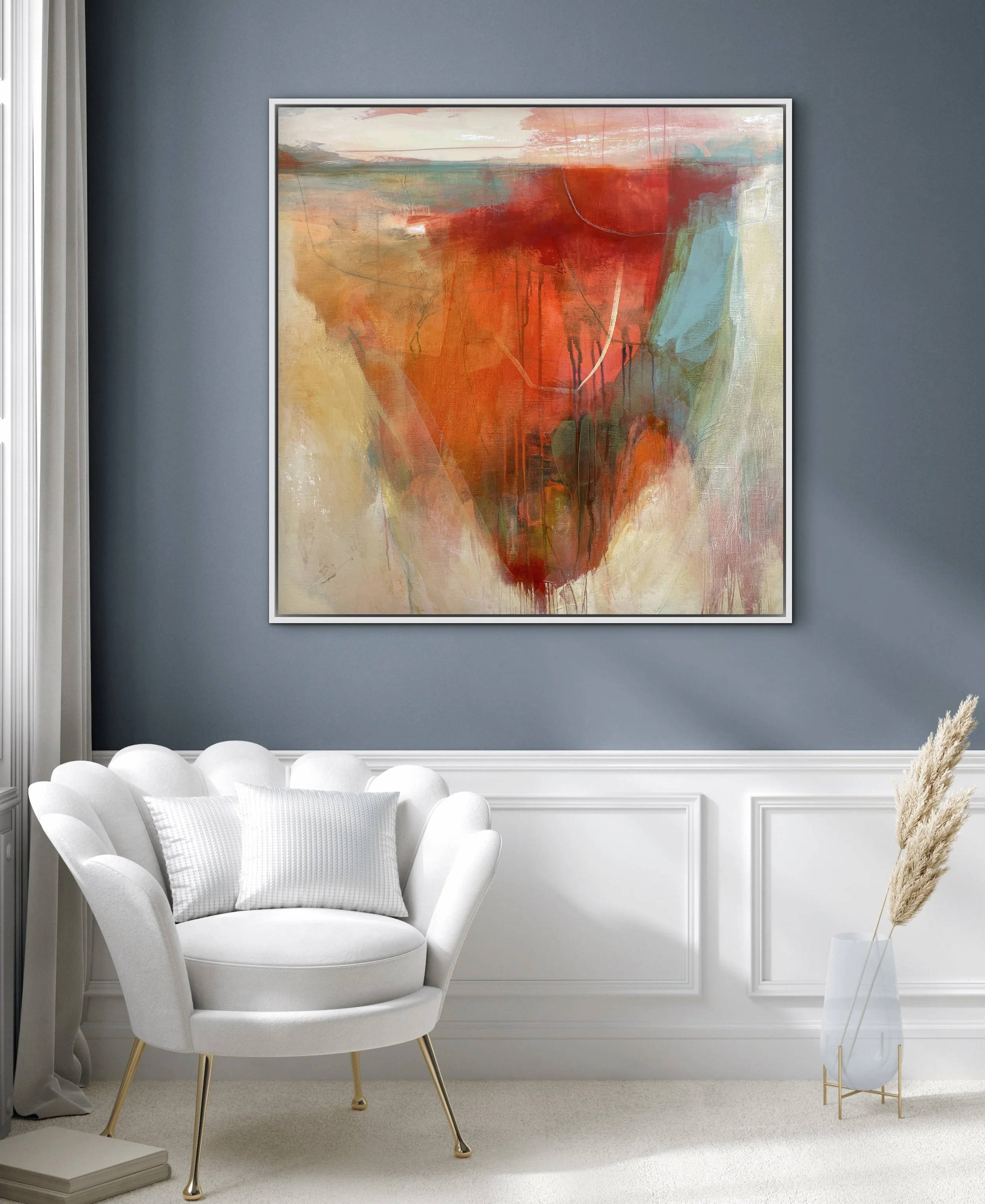 Large bold orange abstract landscape on grey wall