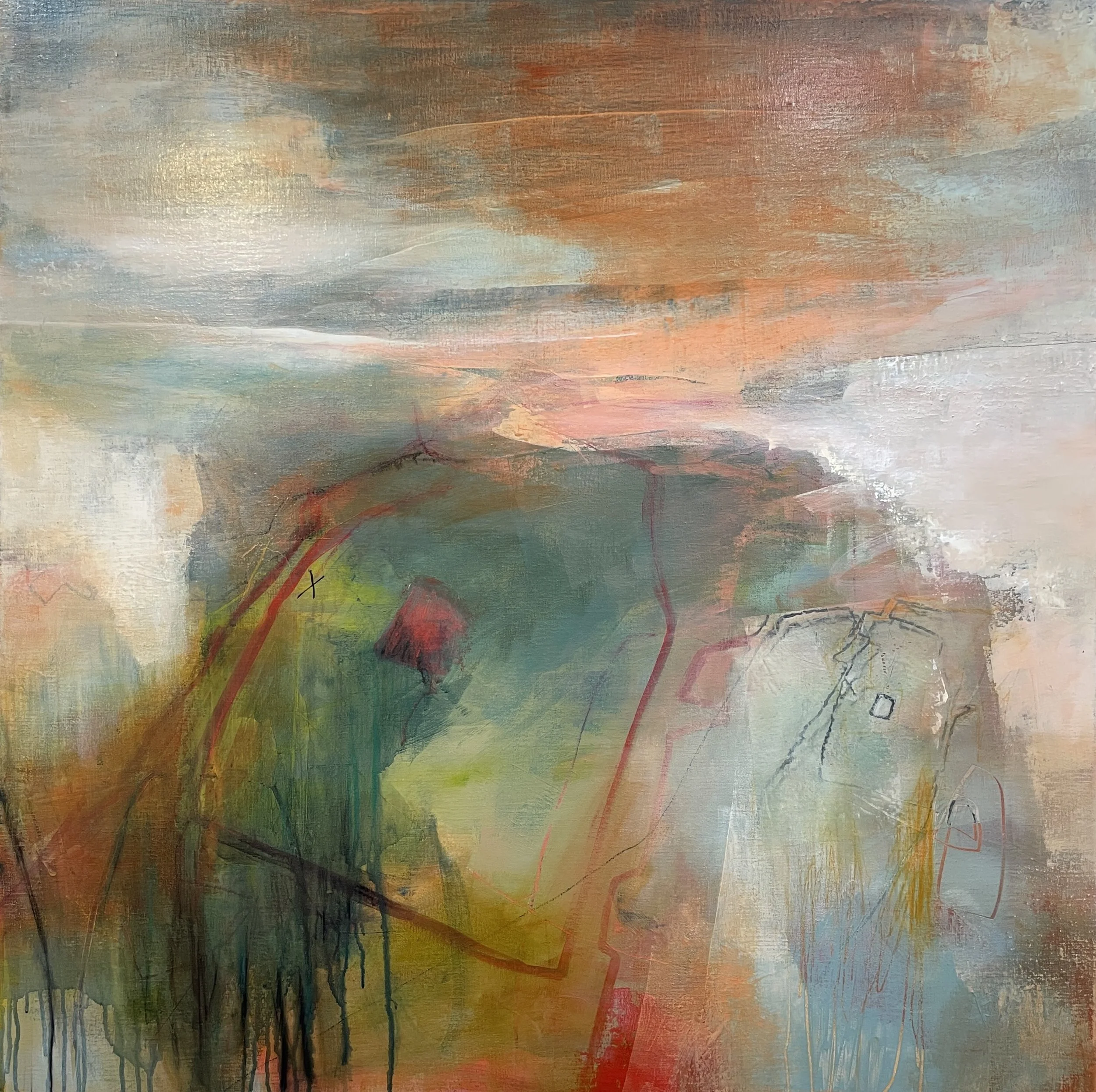 Large blue and orange abstract landscape on canvas