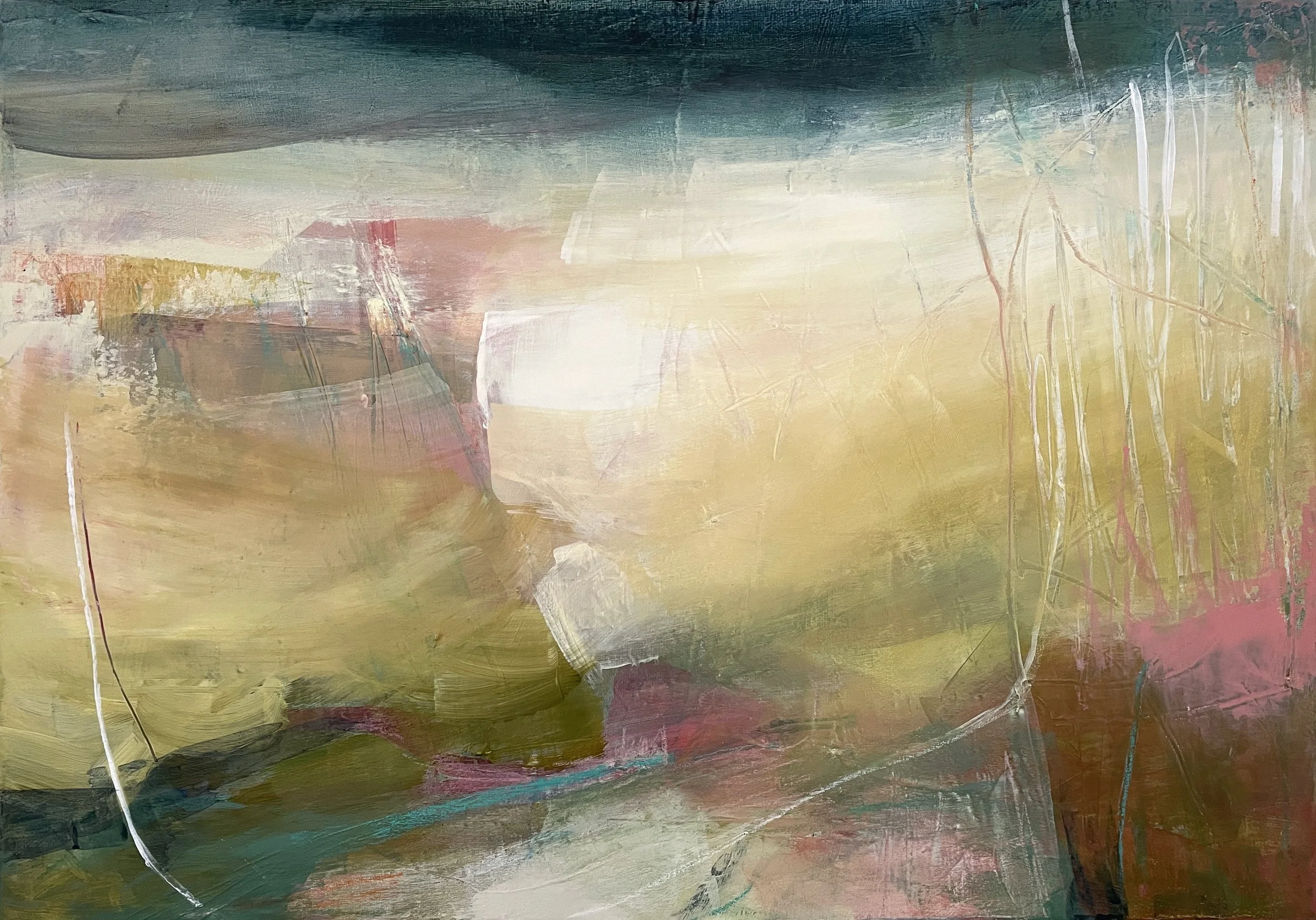 pink and green abstract landscape on canvas