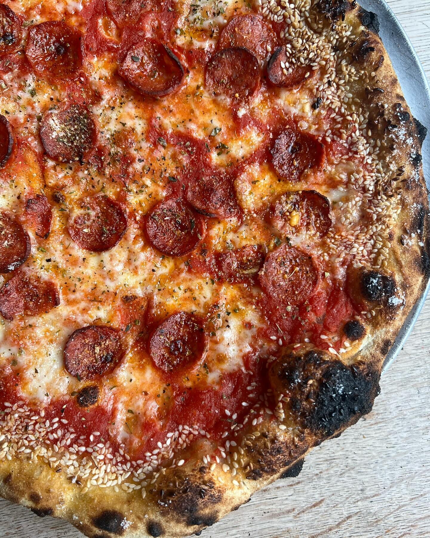 The mighty Double Pep with sesame crust looking pretty nice in today&rsquo;s dreary grey light. 
Skip the pancakes and grab one tonight at either the @pemburytavern or @somedayfinsbury - both open till 10pm ✌️