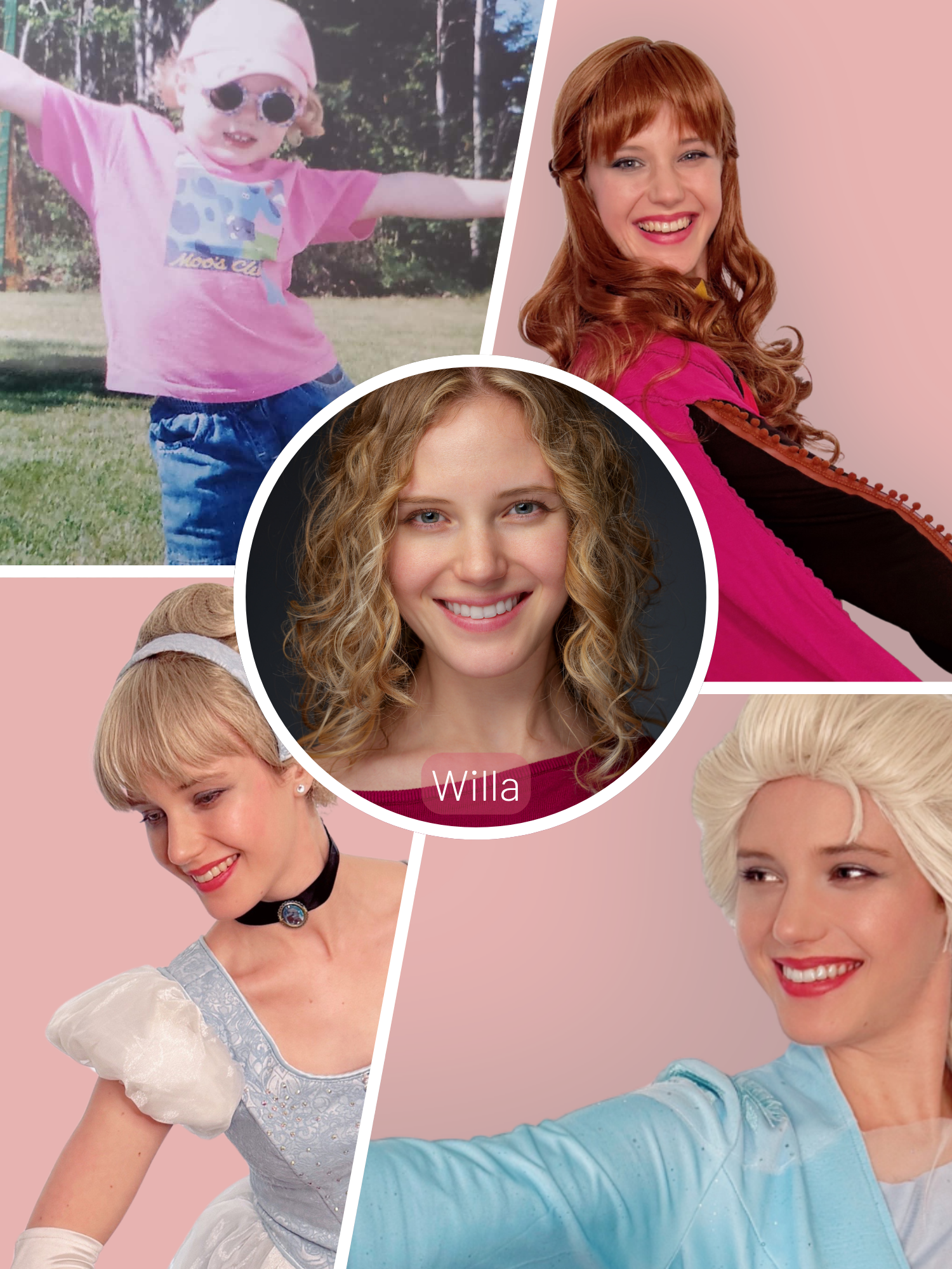 Willa, professional princess performer portraying beloved fairytale characters for children's birthday parties and special events.