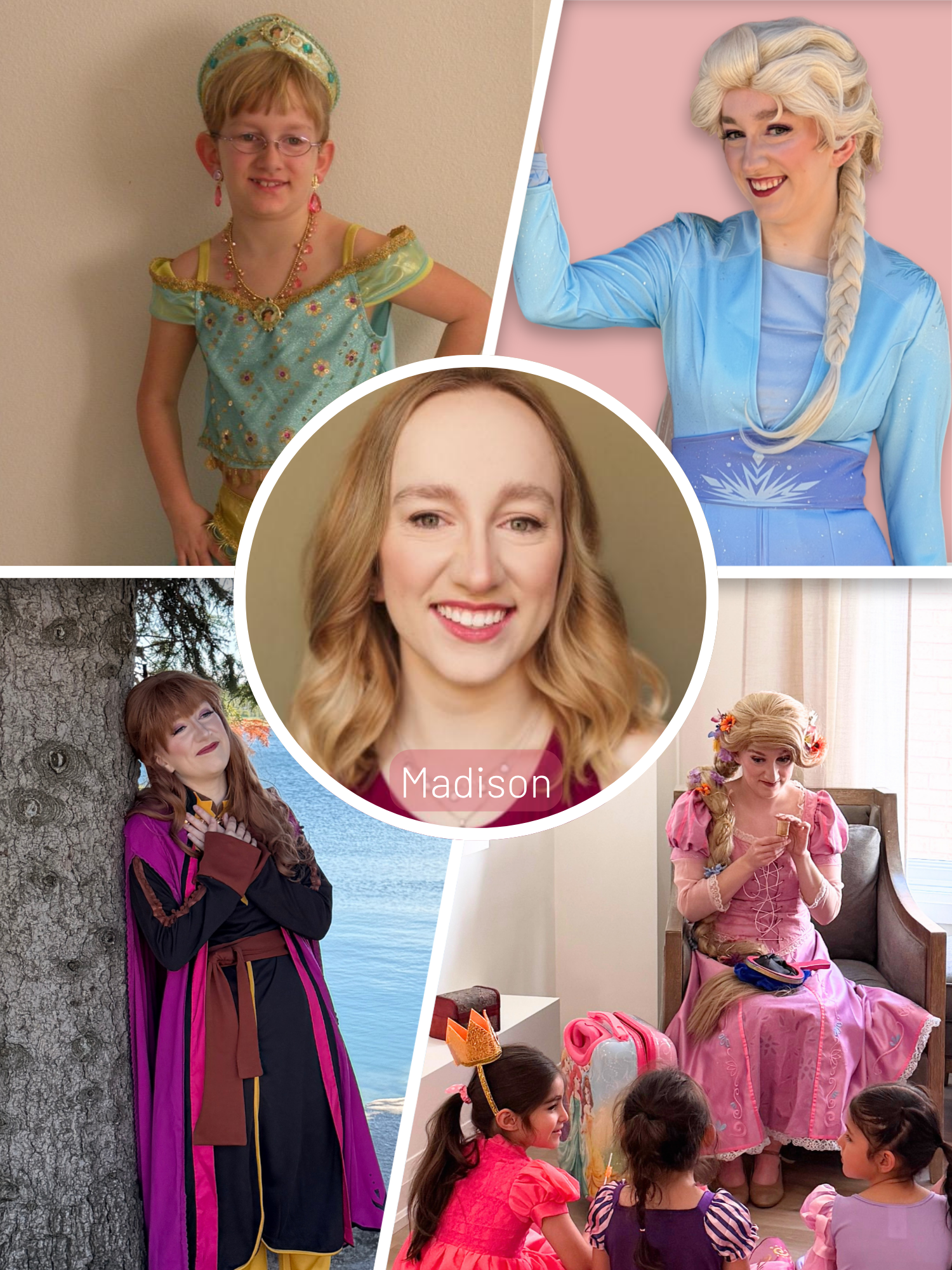 Madison, professional princess performer portraying fairytale characters for children's birthday parties and special events.