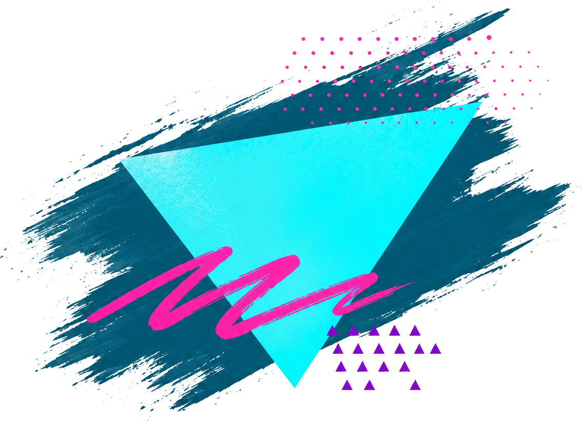 A digital abstract art piece featuring a large, glowing turquoise triangle with pink and purple accents, set against a black background with colorful pixel-like patterns and brushstroke effects.