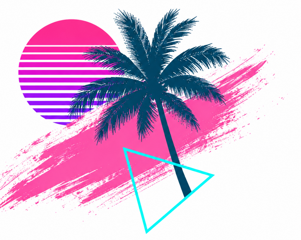 Vintage-style digital artwork of a palm tree with a pink and purple striped sunset, pink brush stroke background, and a blue neon triangle.