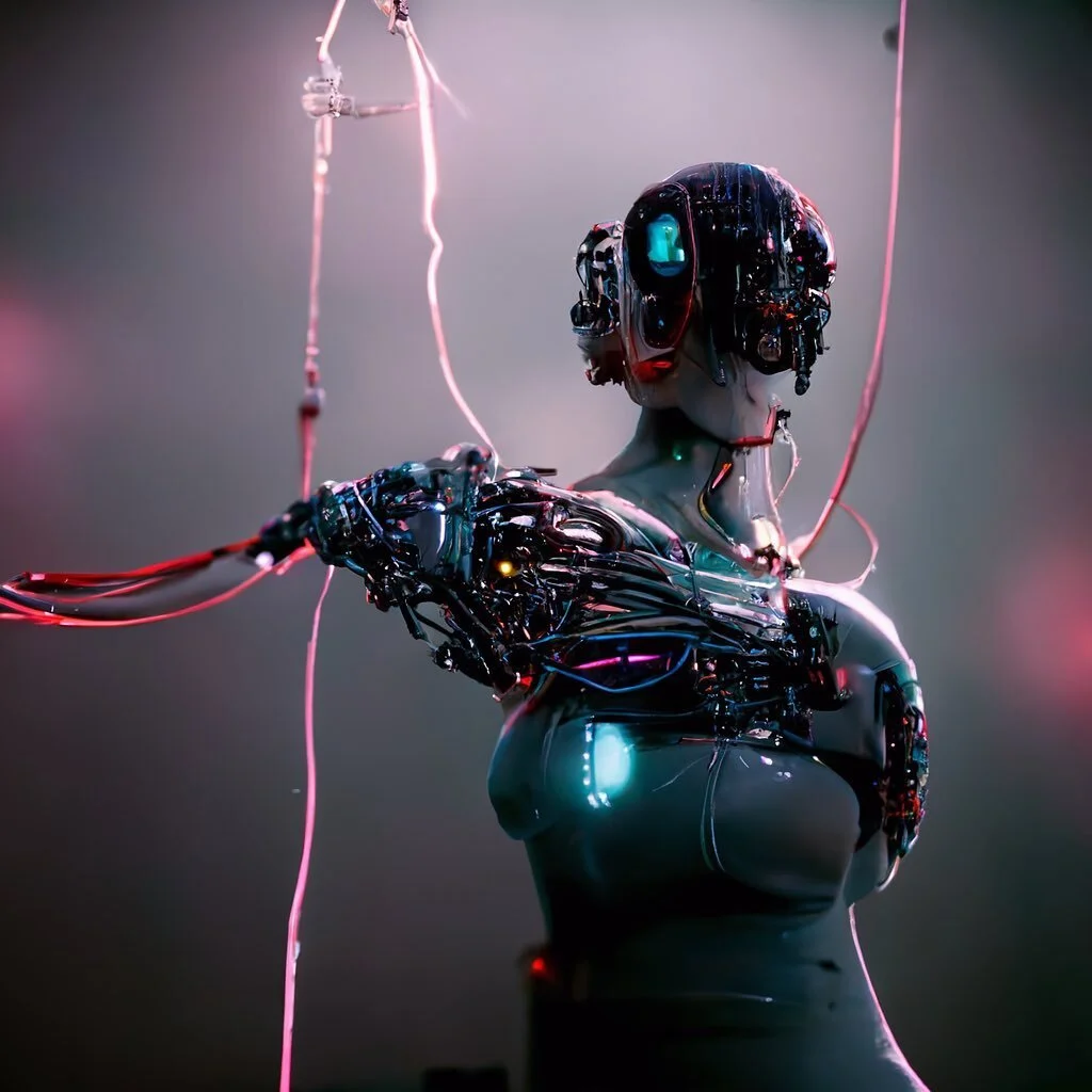 &quot;a robotic woman with wires hooked up to a
server, cinematic, octane render, behanced, concept&quot;

It is an insane time to be an artist, and tools like this are really blurring the lines and making me question myself and my beliefs of what is