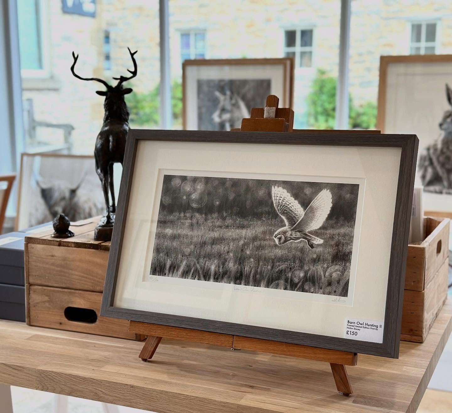 &lsquo;Barn Owl Hunting II&rsquo; limited edition print in Helmsley framed in a charcoal moulding