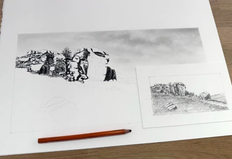 Today&rsquo;s work. I decided to go with charcoal for this one.