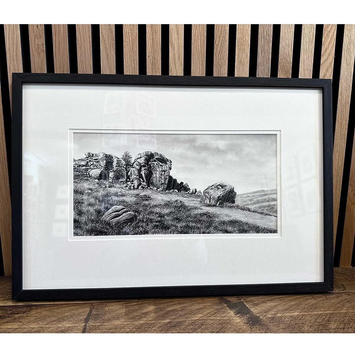 The Cow &amp; Calf original charcoal drawing is all framed up and now available. Double mounted using conservation mountboard and framed inside thin black moulding.  Image size 17x35cm. Frame size 37x 54cm.