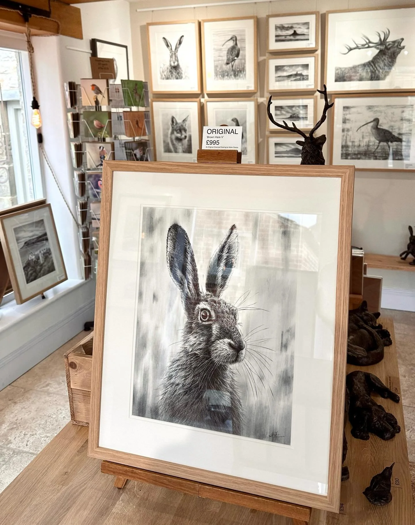 The new hare original is now all framed up and available from our Helmsley gallery.

Original charcoal drawing on paper
Approx image size: 32cm x 41cm
Approx frame size: 46.5cm x 56.5cm
Double mounted using conservation level off-white mountboard
Fra