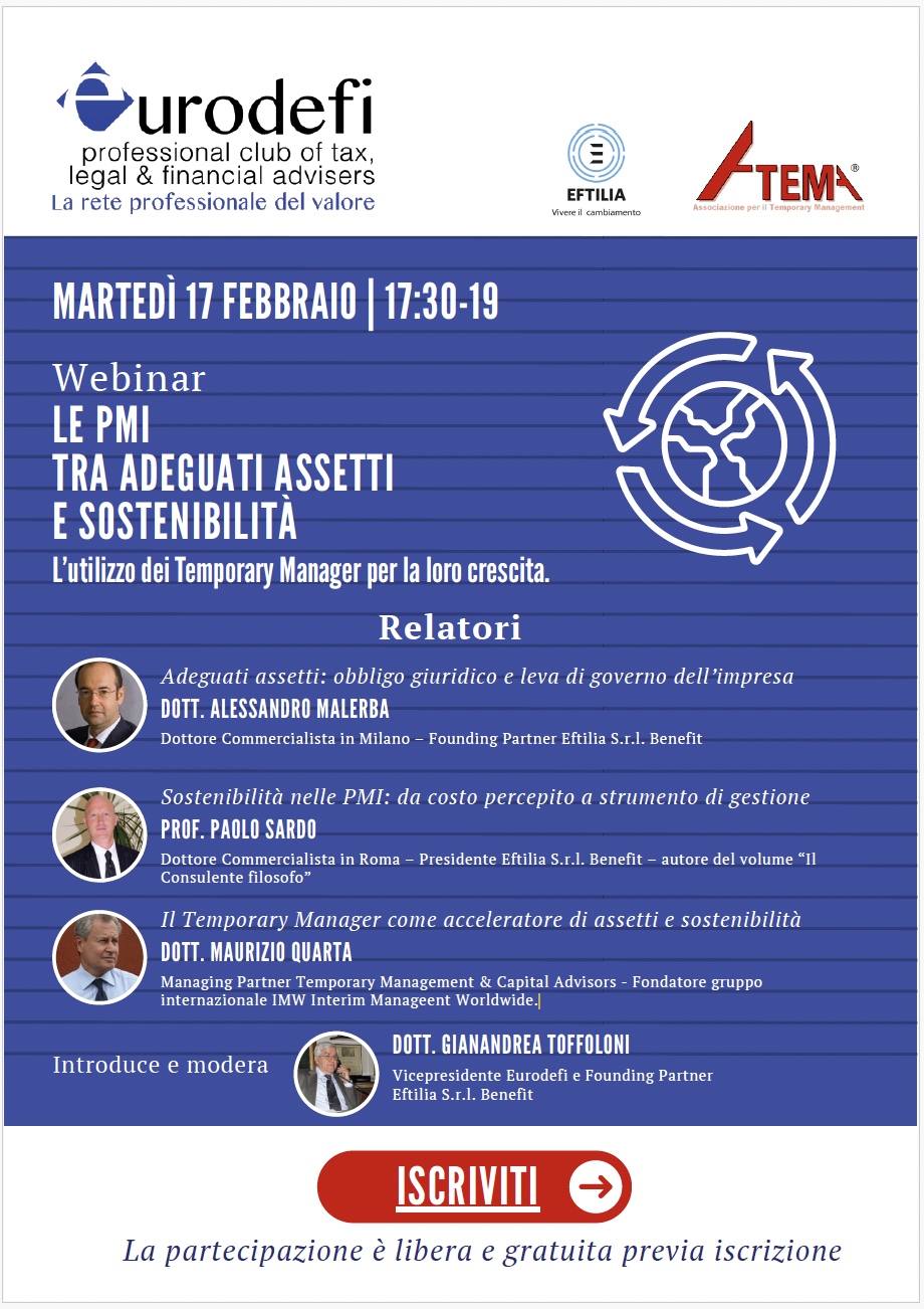 Locandina webinar Eurodefi: "Le PMI tra adeguati assetti e sostenibilità"