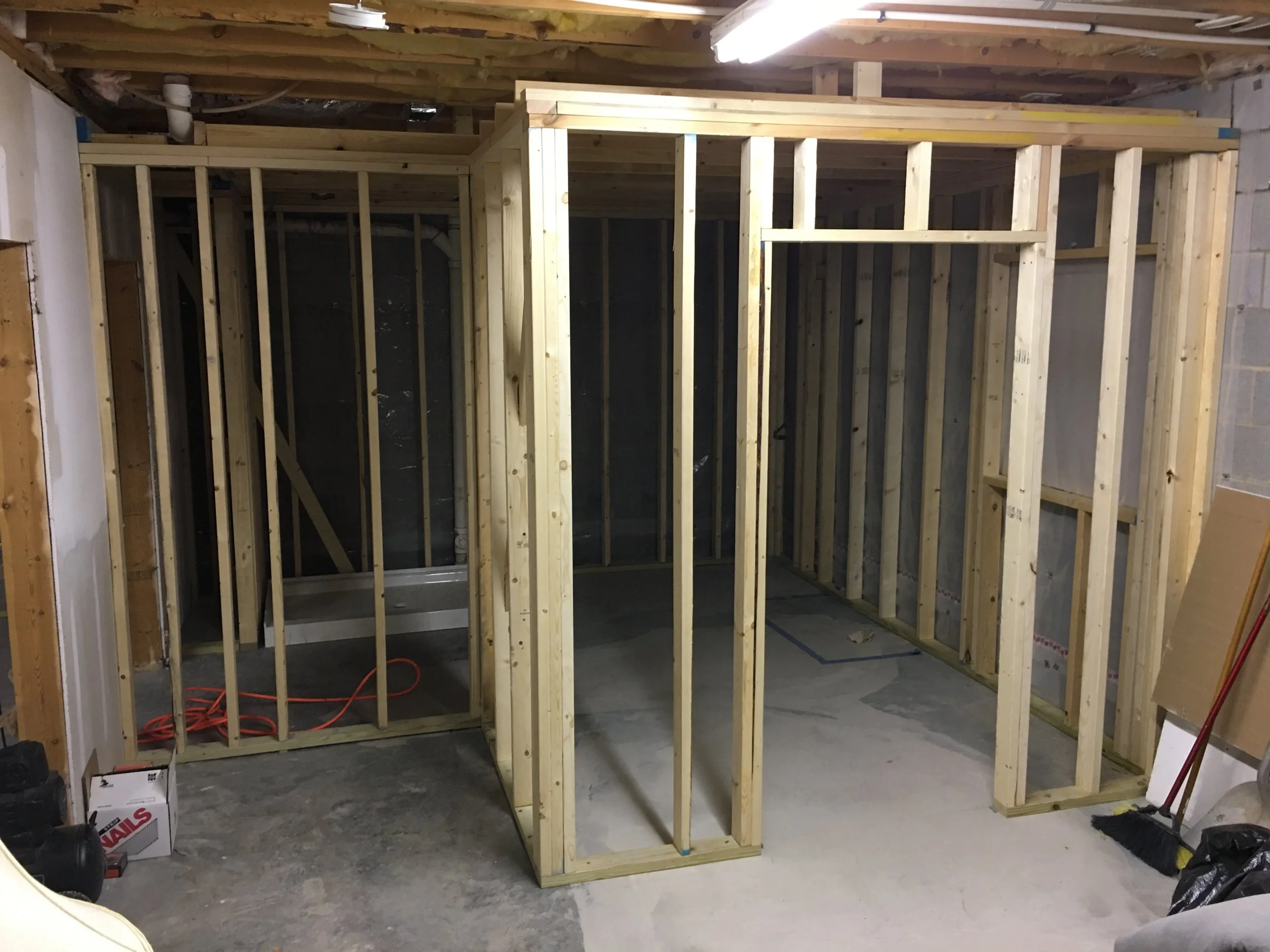 Framing in a basement office in Yadkinville, NC.