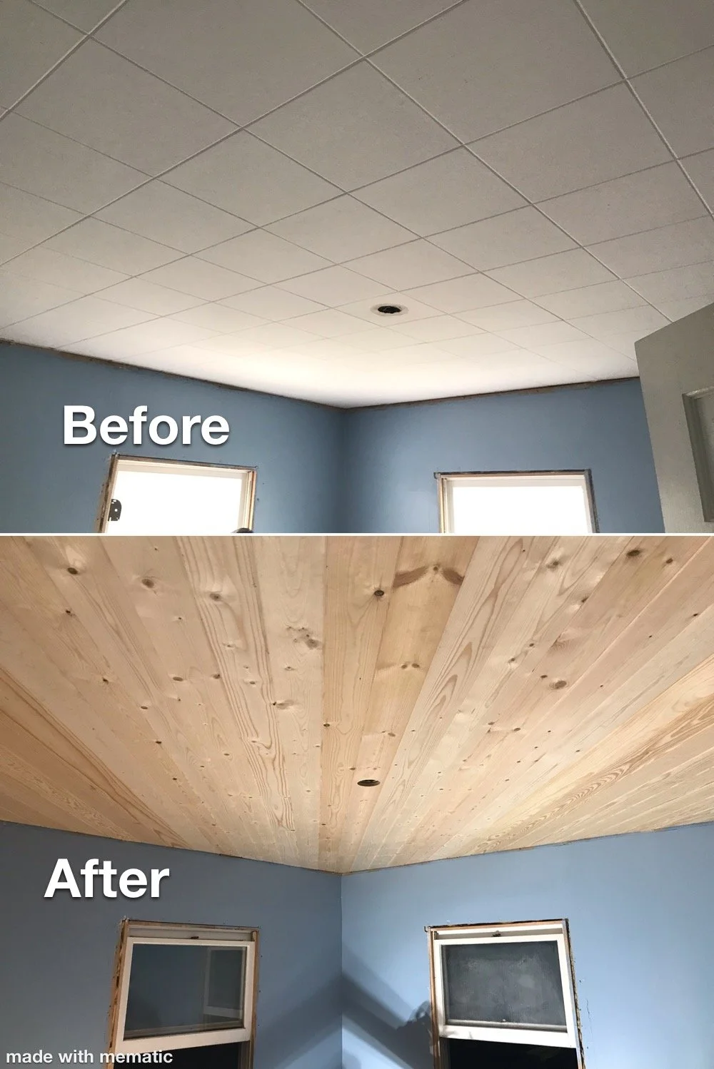 Home ceiling before and after with shiplap in Yadkinville, NC.