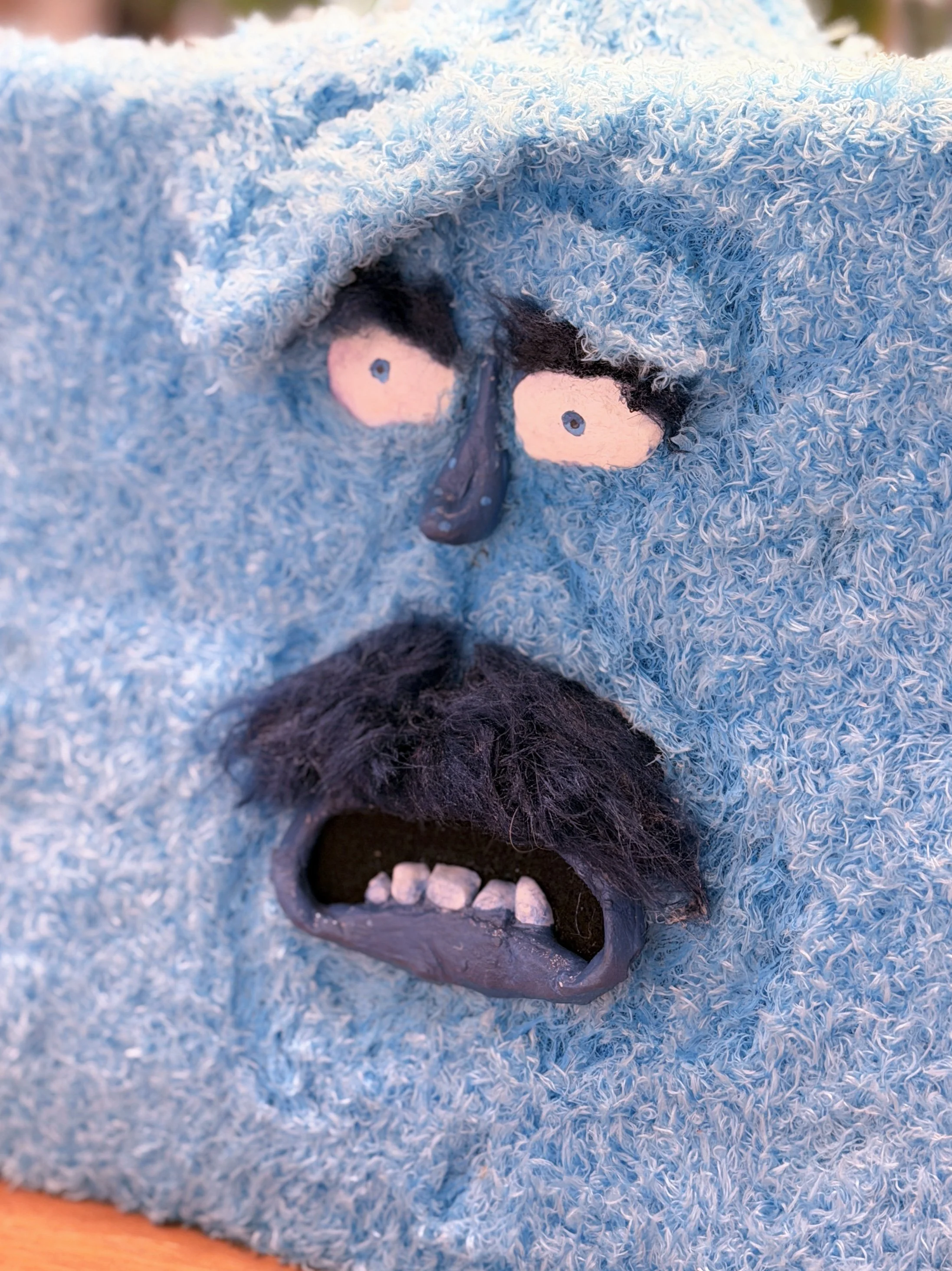 Teddy Bees, handmade lamp with blue shaggy fur and sculpted face, by Barak Hardley