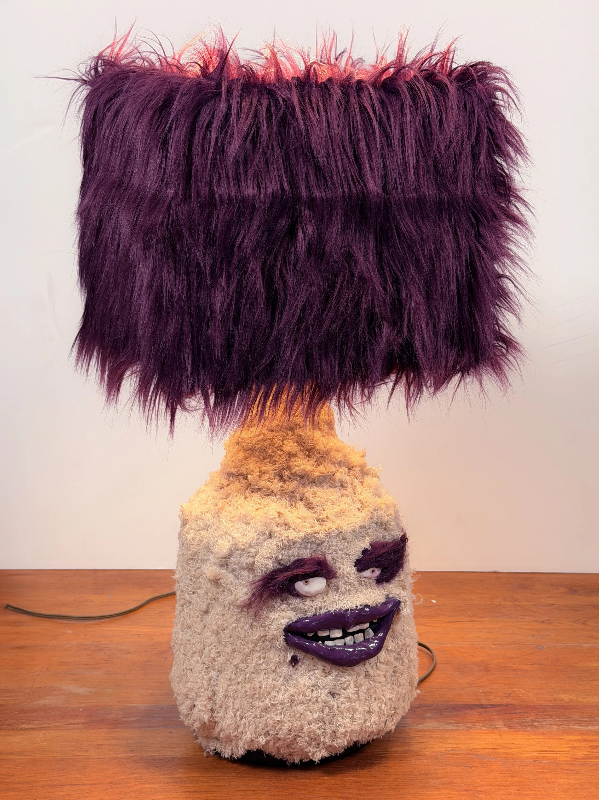 Emma Lee, handmade barfly character lamp with purple and cream fur, by Barak Hardley