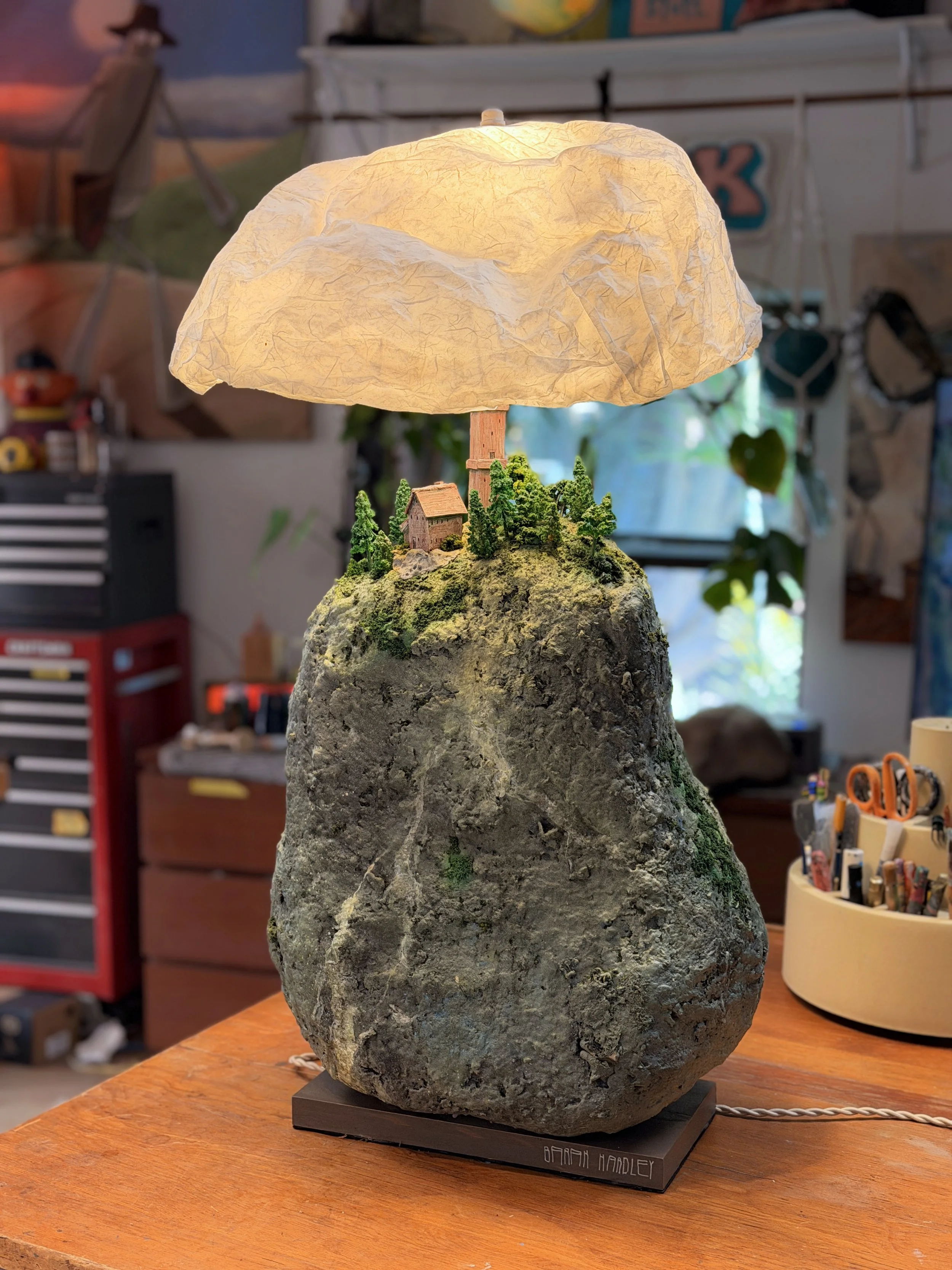 Miniature Landscape lamp, handmade coastal island sculpture, by Barak Hardley