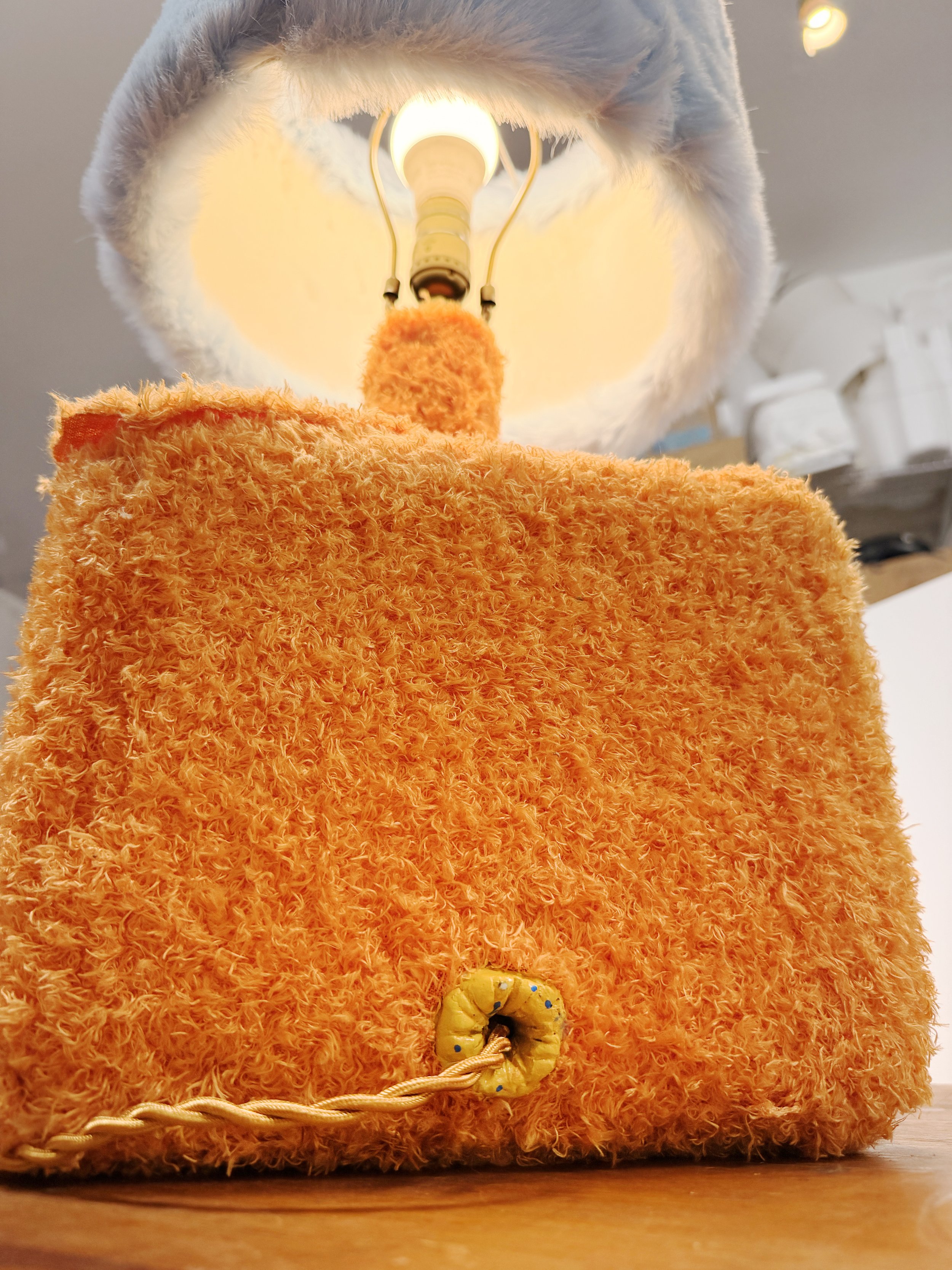 Carlito, handmade character lamp with orange and light blue fur by Barak Hardley