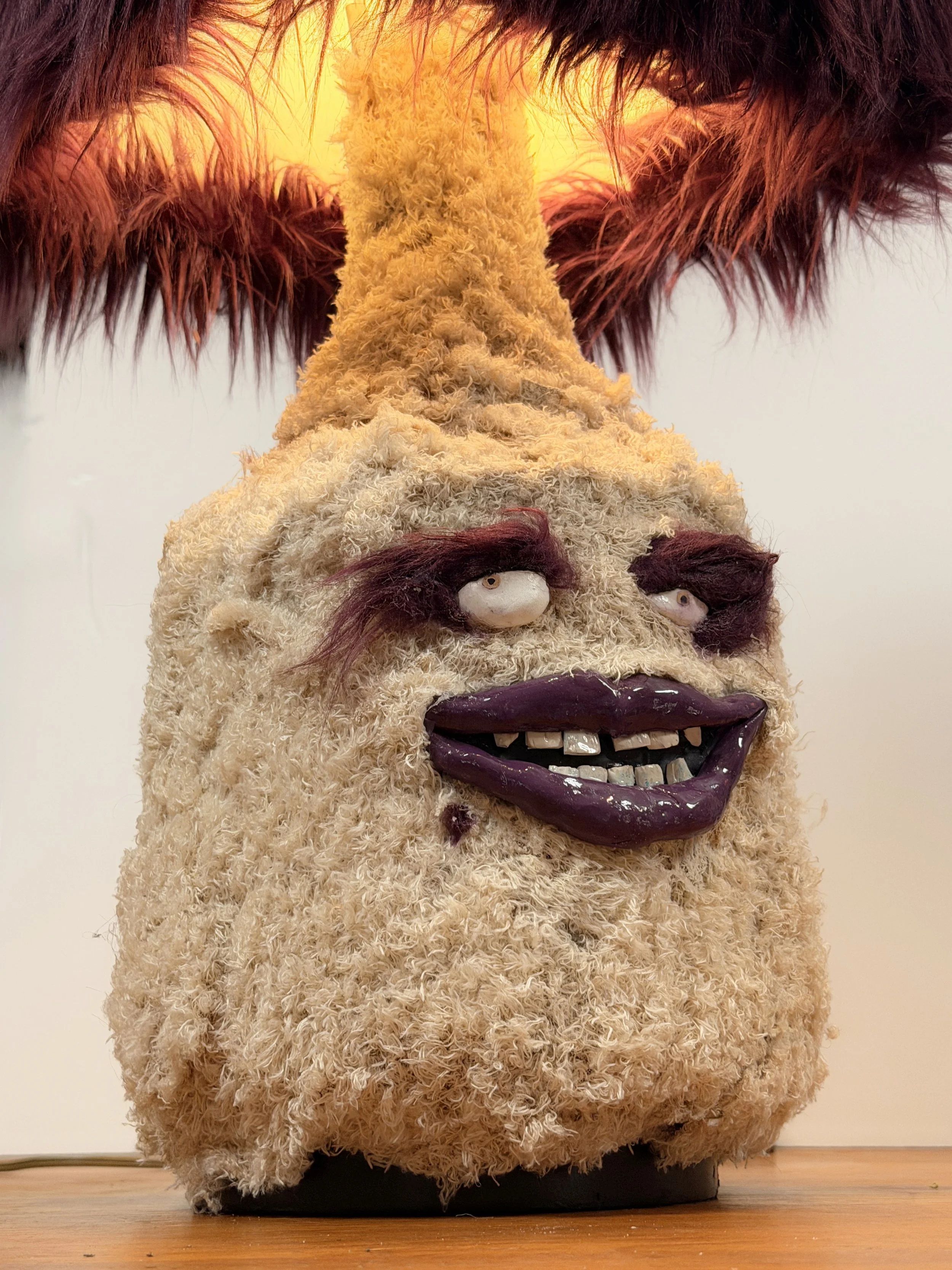 Emma Lee, handmade barfly character lamp with purple and cream fur, by Barak Hardley