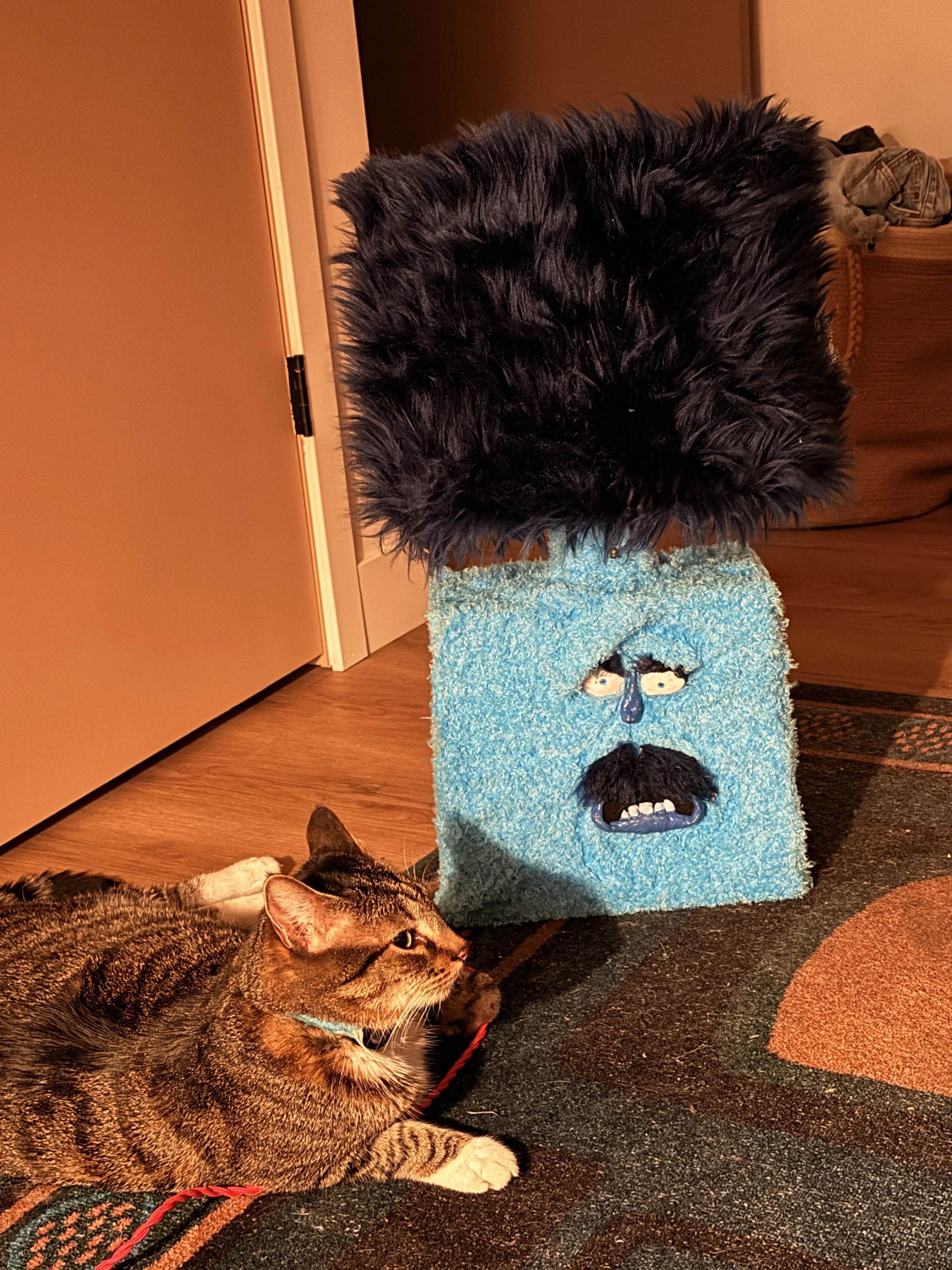 Teddy Bees, handmade lamp with blue shaggy fur and sculpted face, by Barak Hardley