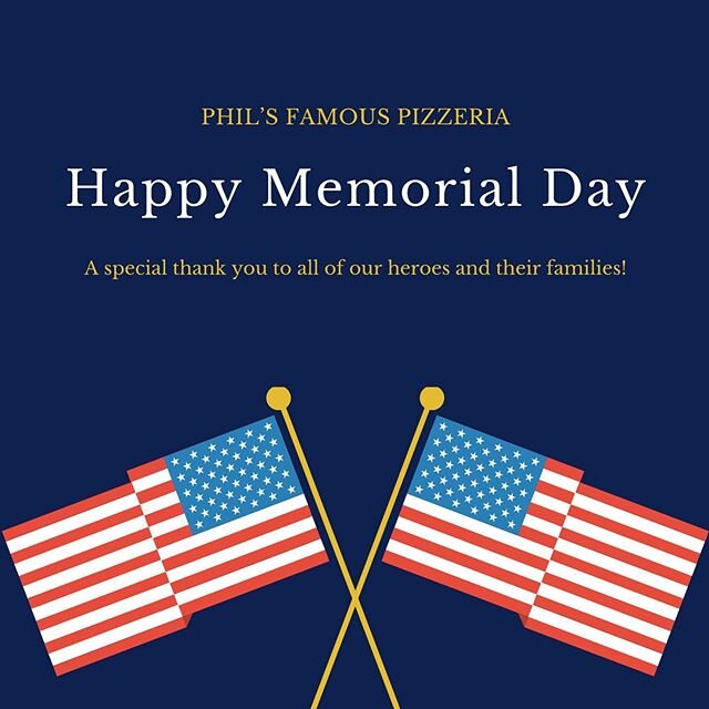 Happy Memorial Day! A special thank you to all our heroes and veterans as well as their families. 
Grab a pizza, cheesesteaks, and wings on your way home today. &bull;
&bull;
&bull;
&bull;
&bull;
#philspizza #philspizzasic #pizza #seaisle #seaislecit