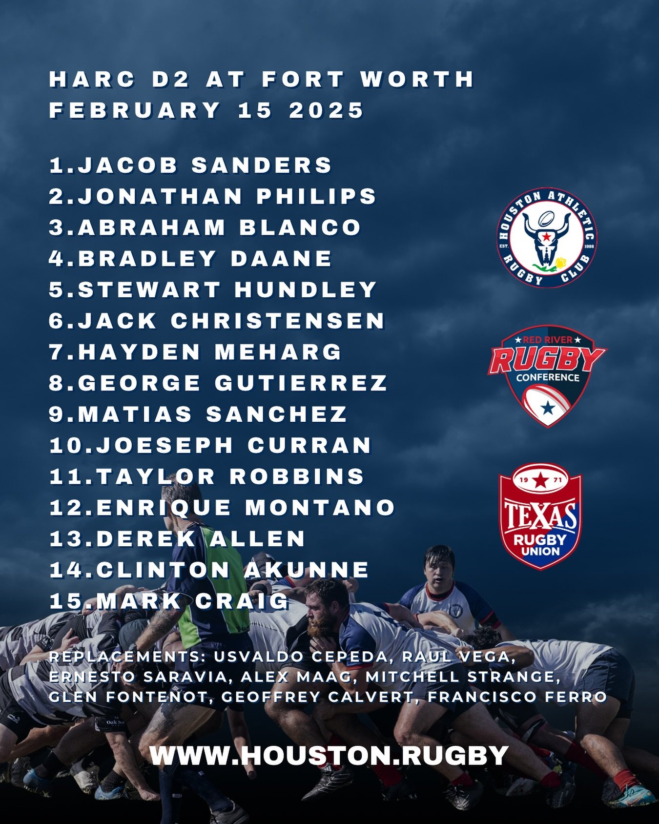 HARC D2 AT FORTH WORTH RUGBY CLUB
FEBRUARY 15 AT 2:00 PM
HARMON FIELD PARK
GO HARC! 🏉 

#houston #rugby