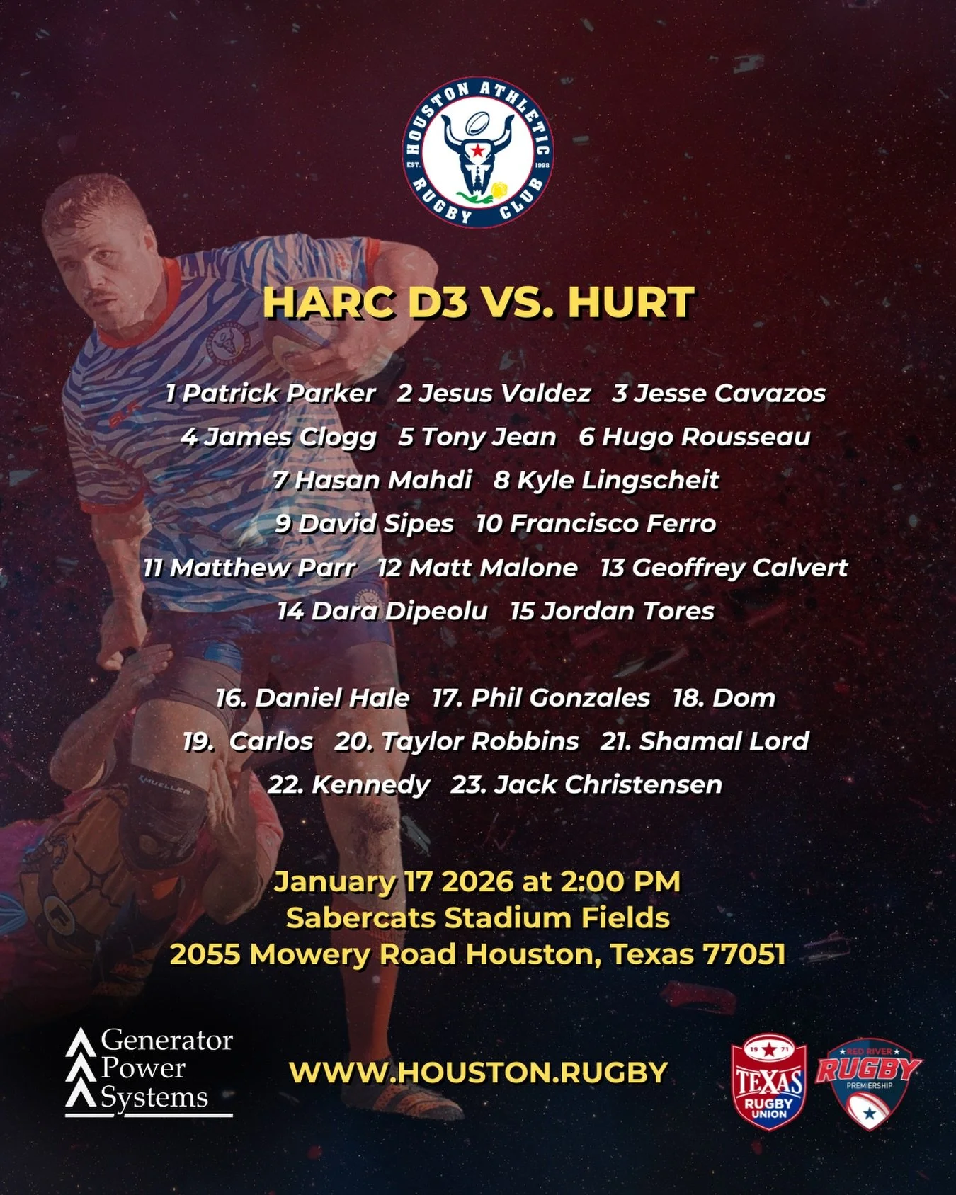 Game day in Houston. 

HARC D3 vs. HURT
2:00 PM at Sabercats Stadium

GO HARC!
#houston #rugby