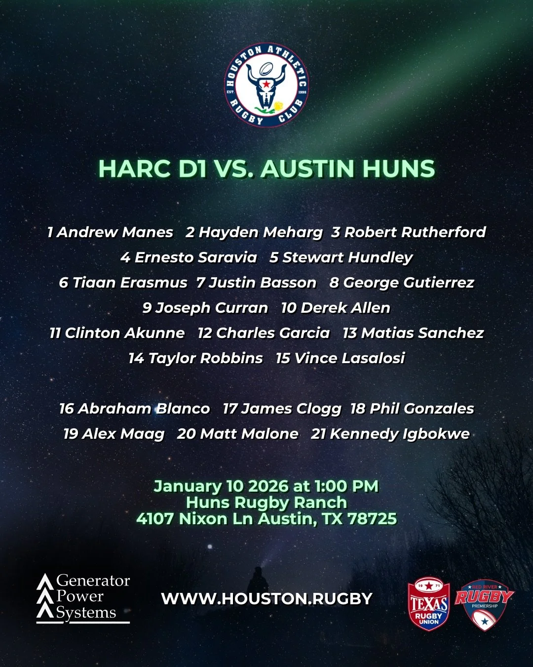 Our Men&rsquo;s Division 1 team debuts today at the Huns Rugby Ranch. 

Thank you Generator Power Systems for sponsoring Houston Athletic Rugby Club!

Generator Power Systems has been powering Houston since 1981 and is a leading provider of standby g