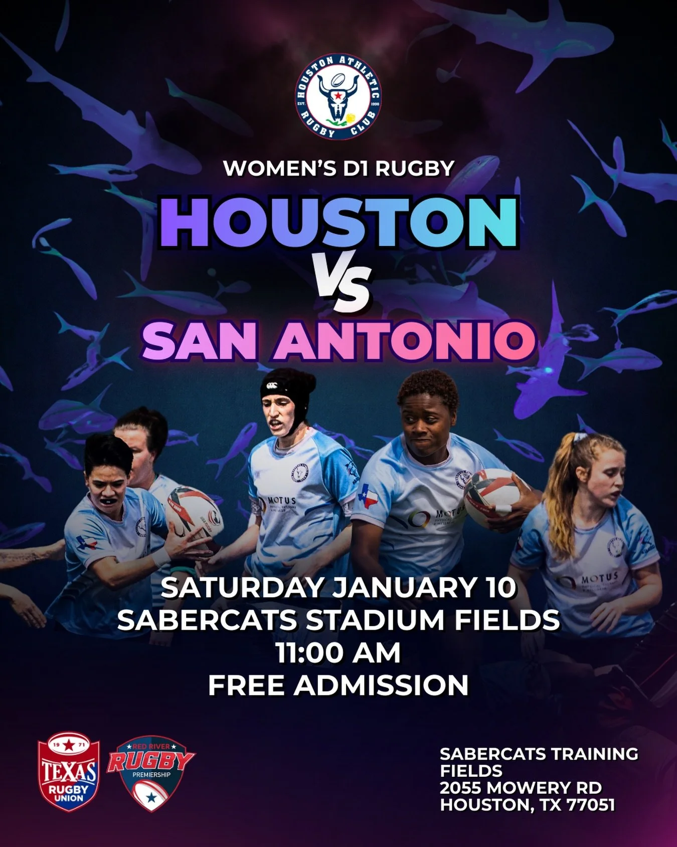 HOME GAME THIS SATURDAY 🦈🔥

The sHARCs continue the D1 season with an epic FREE home match, and we want the tank LOUD.

🏉 sHARCs vs. San Antonio Riveters
🗓️ Saturday, January 10
⏰ 11:00 AM
🎟️ FREE ADMISSION

📍 Sabercats Training Fields
2055 Mow