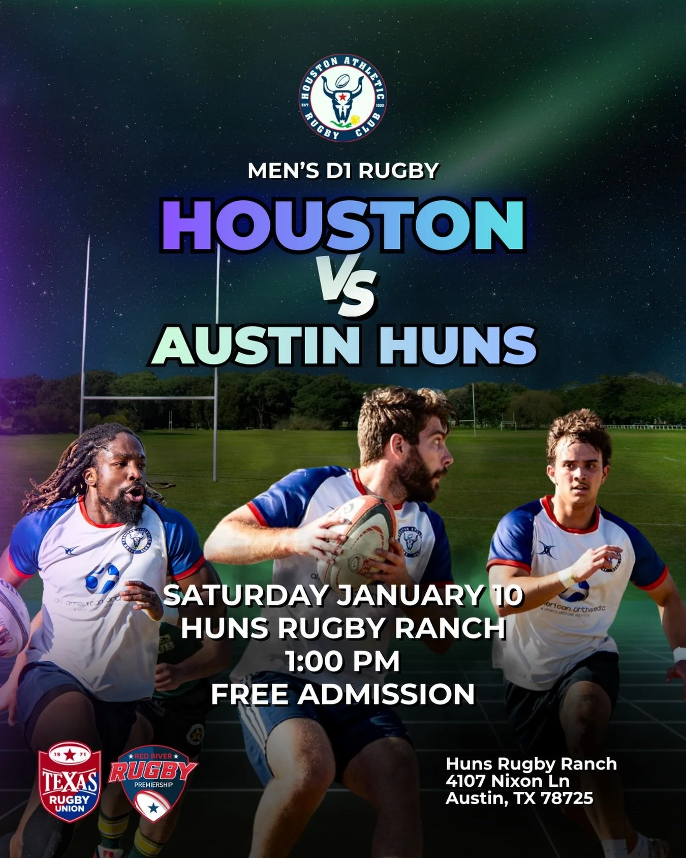 HARC D1 kicks off in the Red River Rugby Premiership THIS SATURDAY.

🏉 Houston vs. Austin Huns
🗓️ Saturday, January 10
⏰ 1:00 PM
🎟️ FREE ADMISSION

📍 Huns Rugby Ranch
4107 Nixon Ln
Austin, TX 78725

GO HARC 🔥

#rugby #texas #d1 #clubrugby