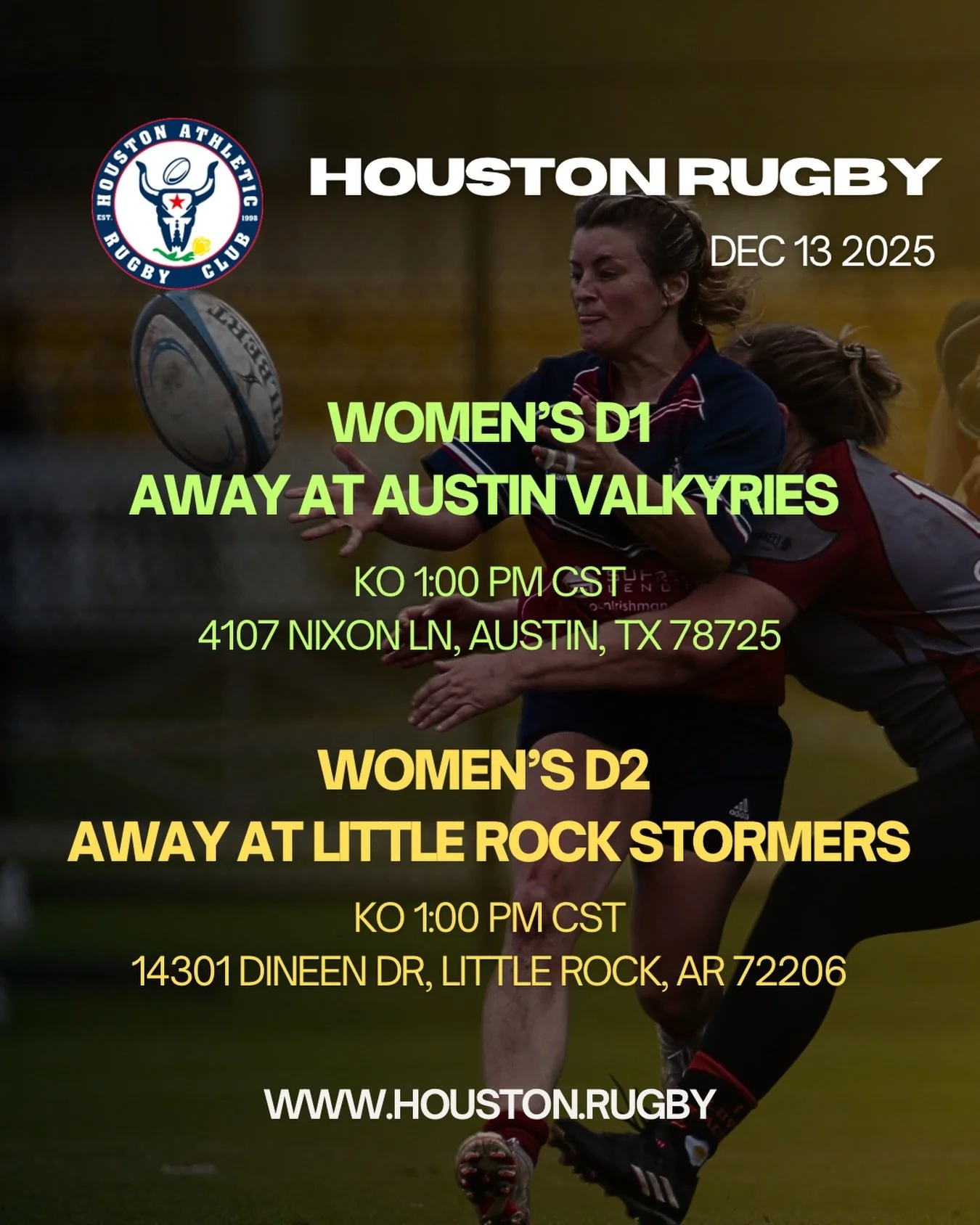 HARC kicks off the competitive season with both women&rsquo;s programs away at Austin and Little Rock this weekend. 

Men&rsquo;s D1 starts January 10 and Men&rsquo;s D3 begins January 17 🚀 

Follow @houstonrugby for all things rugby in the Houston 