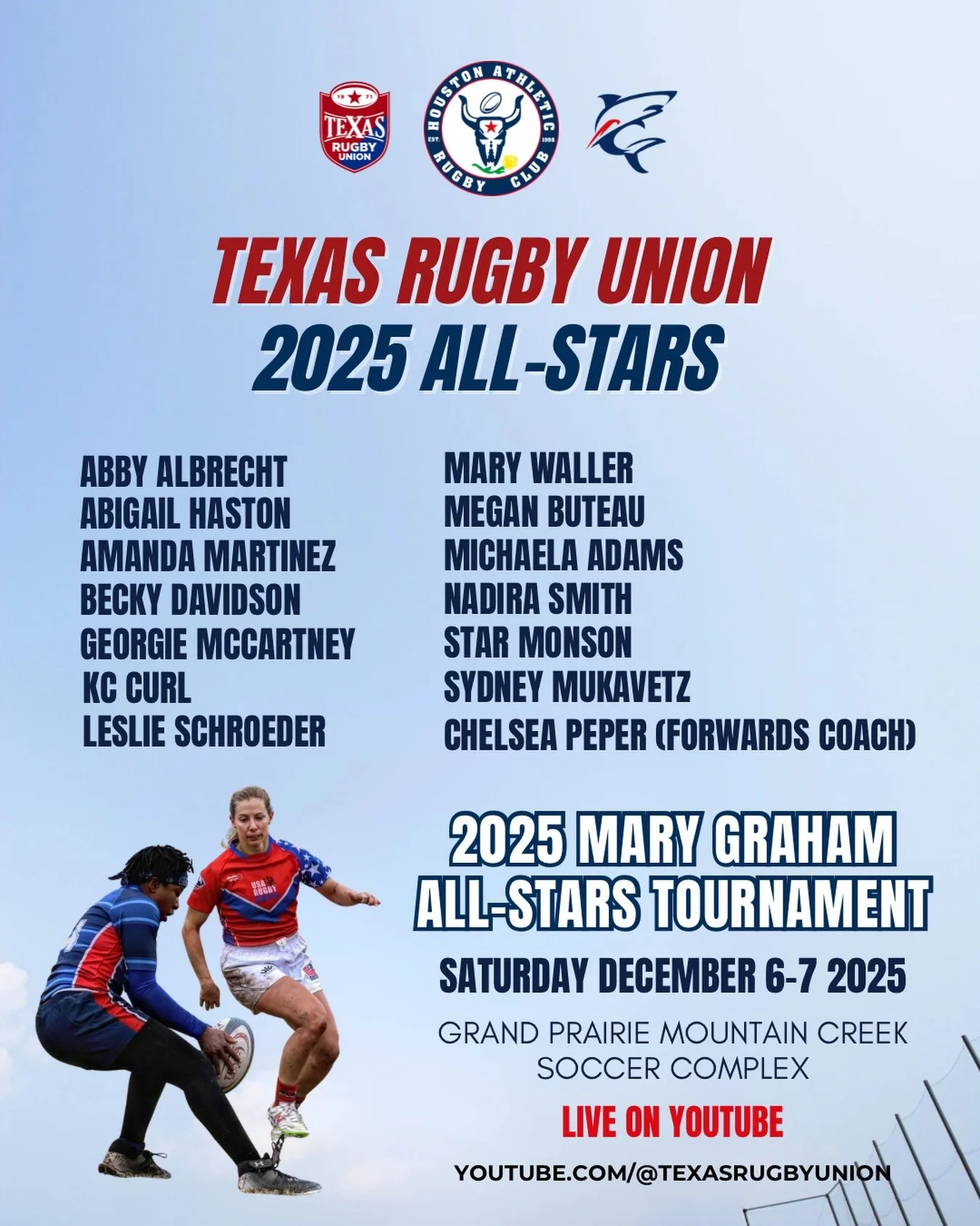 13 HARC players have been selected to represent Texas in the 2025 Mary Graham All-Stars Tournament, the most of any TRU club.

Our very own Chelsea Peper leads the pack as forwards coach. 

Now on its 10th year, the Mary Graham All-Stars features som