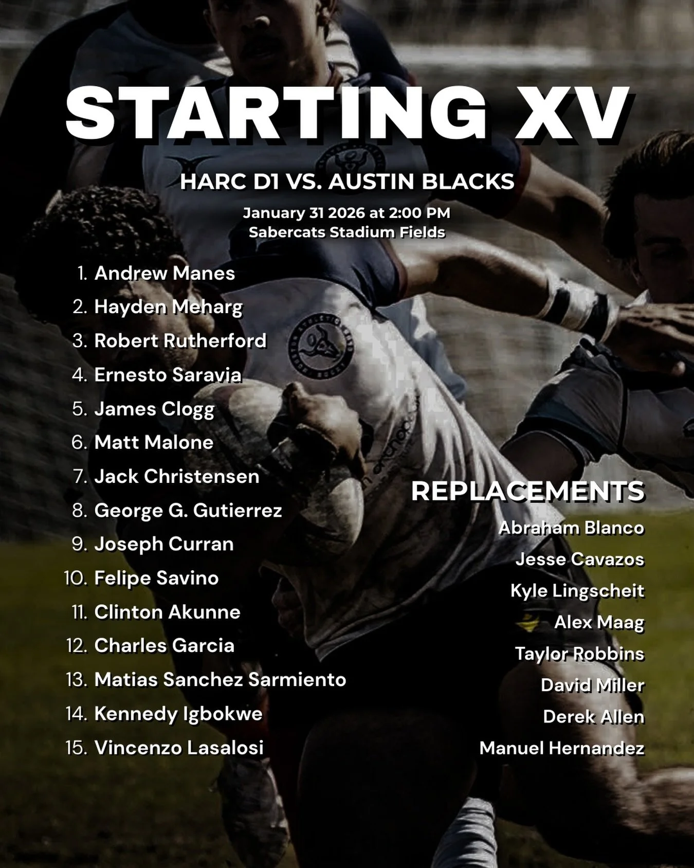 Game day! Men&rsquo;s D1 take on Austin Blacks here at home. 

🏉 KO 2:00 PM
📍 Sabercats Stadium (Training fields)
2055 Mowery Road
Houston, TX

GO HARC! #rugby #houston