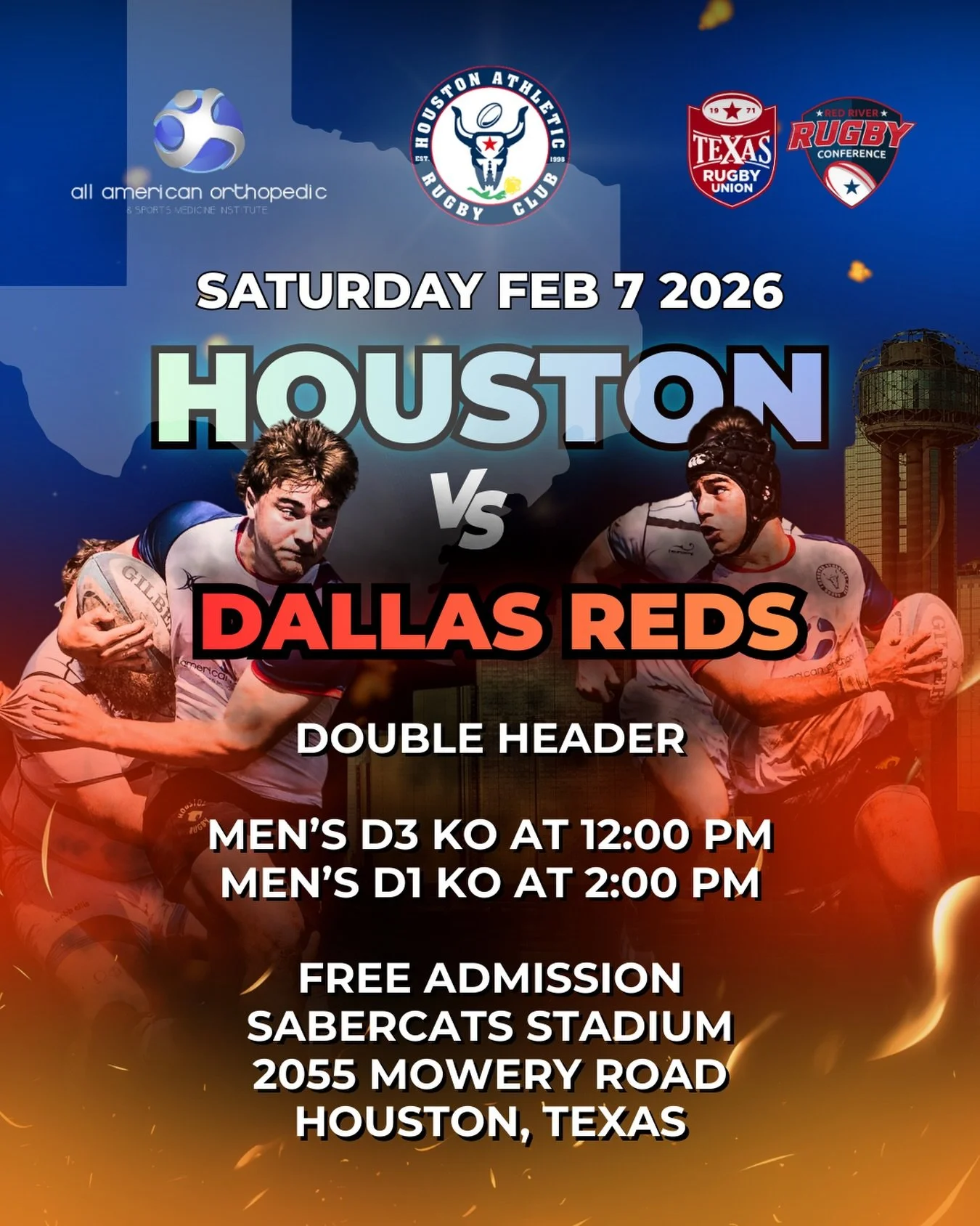 HOUSTON VS. DALLAS DOUBLE HEADER THIS SATURDAY!

📍 Sabercats Stadium Fields
🏉 KO 12:00 and 2:00 PM

WATCH, PLAY, DISCOVER RUGBY WITH HARC!

www.houston.rugby

GO HARC! #houston #freeevents #houstonevents