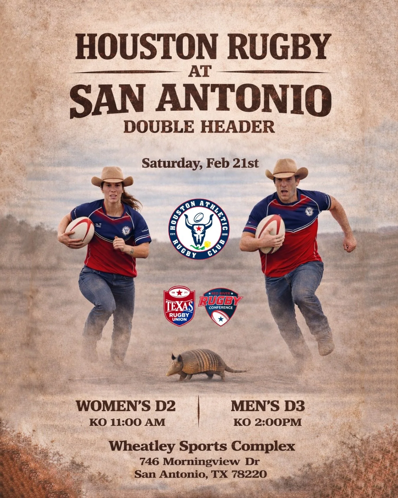 HARC sends two sides to San Antonio this Saturday. 

Women&rsquo;s D2 at 11:00 am
Men&rsquo;s D3 at 2:00 pm

Wheatley Sports Complex
746 Morningview Dr, San Antonio, TX 78209

Interested in playing rugby? Message us to learn more or visit www.houston
